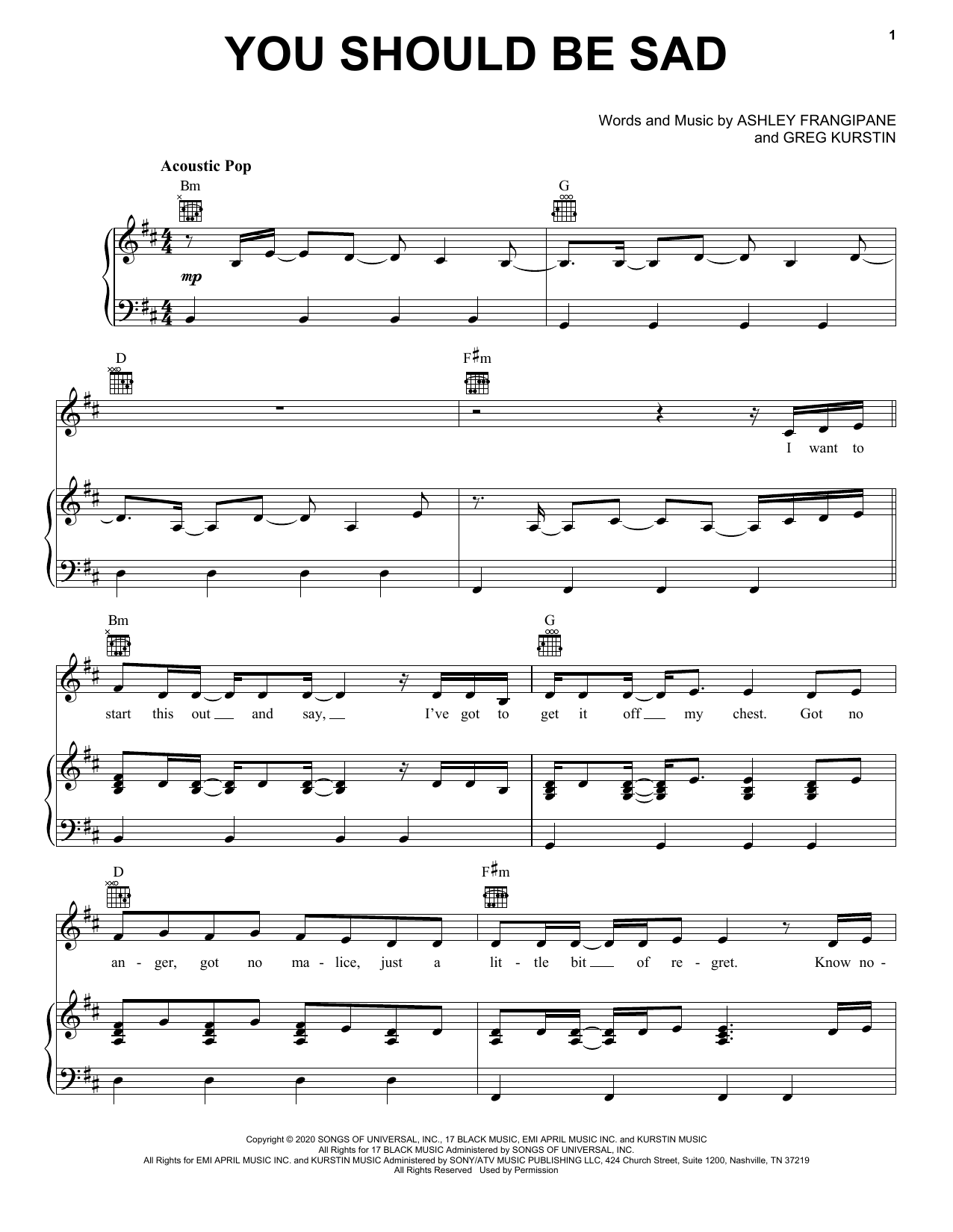 Download Halsey You should be sad Sheet Music and learn how to play Piano, Vocal & Guitar Chords (Right-Hand Melody) PDF digital score in minutes