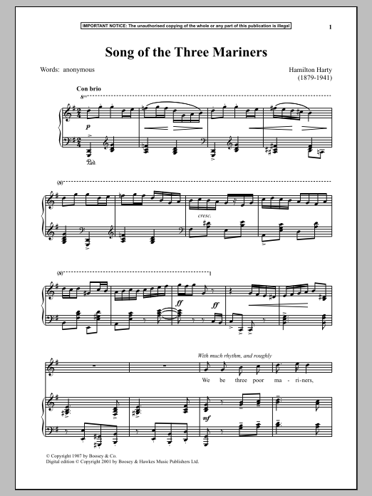 Download Hamilton Harty Song Of The Three Mariners Sheet Music and learn how to play Piano & Vocal PDF digital score in minutes