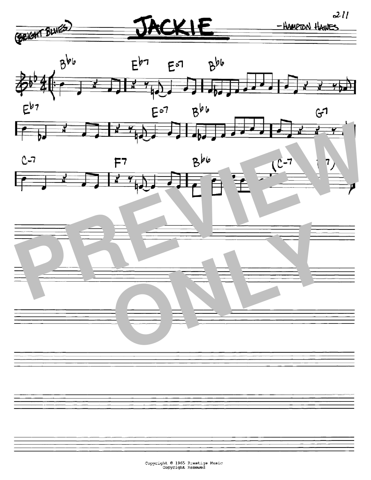 Download Hampton Hawes Jackie Sheet Music and learn how to play Real Book - Melody & Chords - C Instruments PDF digital score in minutes