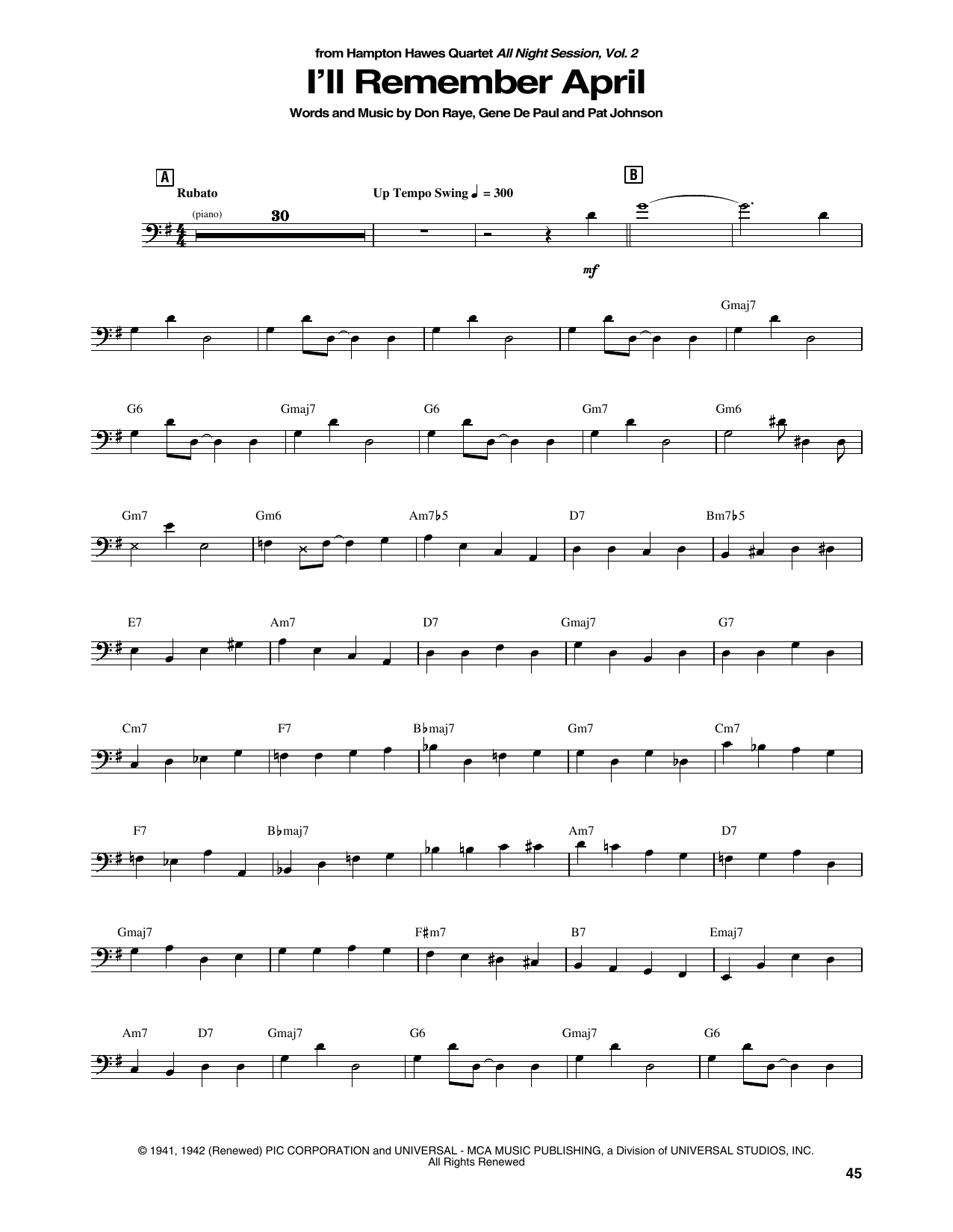 Download Hampton Hawes Quartet I'll Remember April Sheet Music and learn how to play String Bass Transcription PDF digital score in minutes