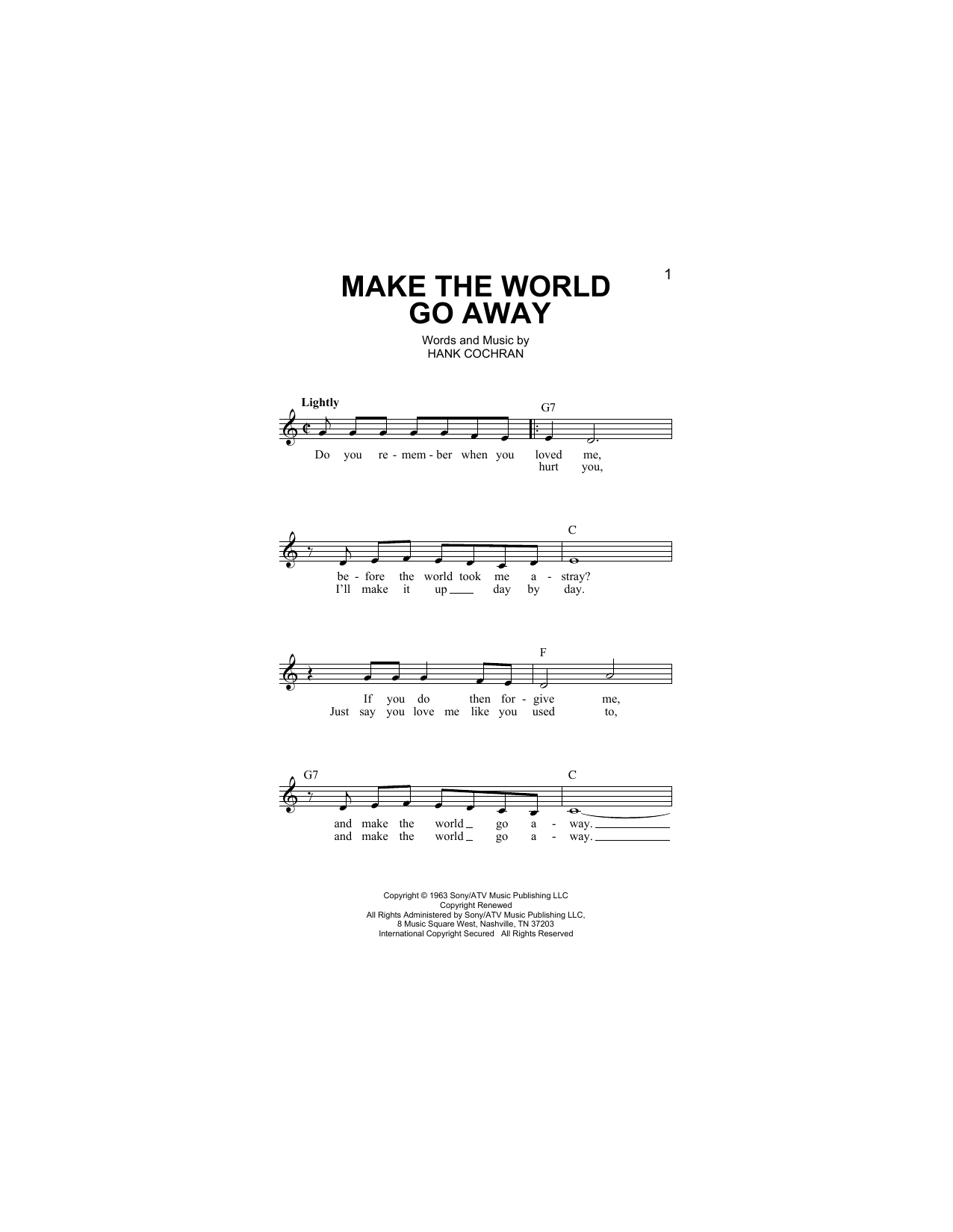 Download Hank Cochran Make The World Go Away Sheet Music and learn how to play Melody Line, Lyrics & Chords PDF digital score in minutes