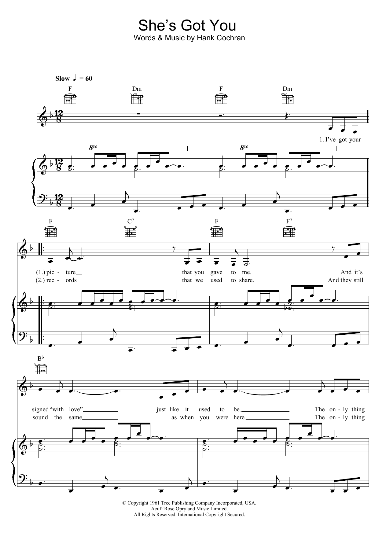 Download Hank Cochran She's Got You Sheet Music and learn how to play Piano, Vocal & Guitar PDF digital score in minutes