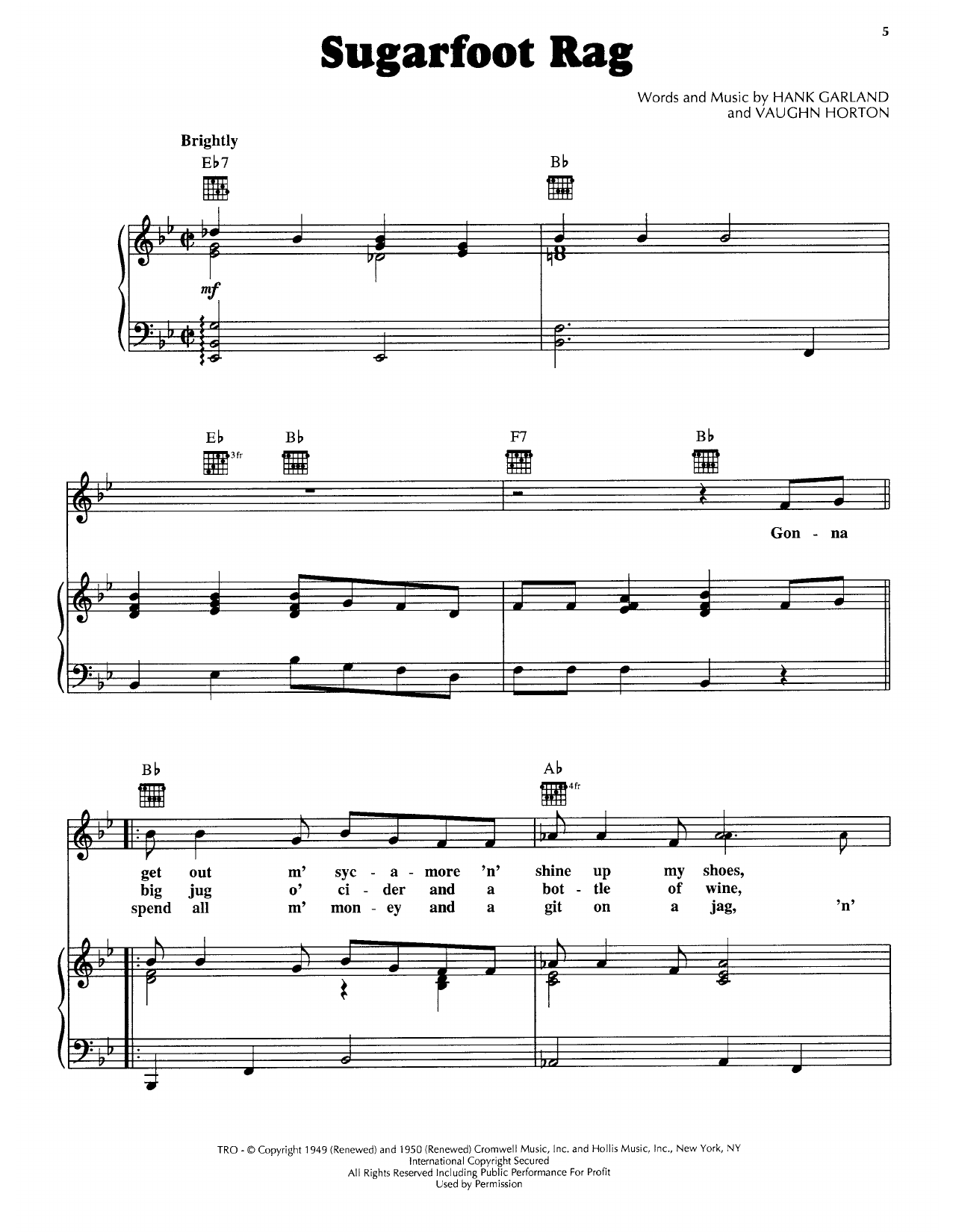 Download Hank Garland Sugarfoot Rag Sheet Music and learn how to play Piano, Vocal & Guitar Chords (Right-Hand Melody) PDF digital score in minutes