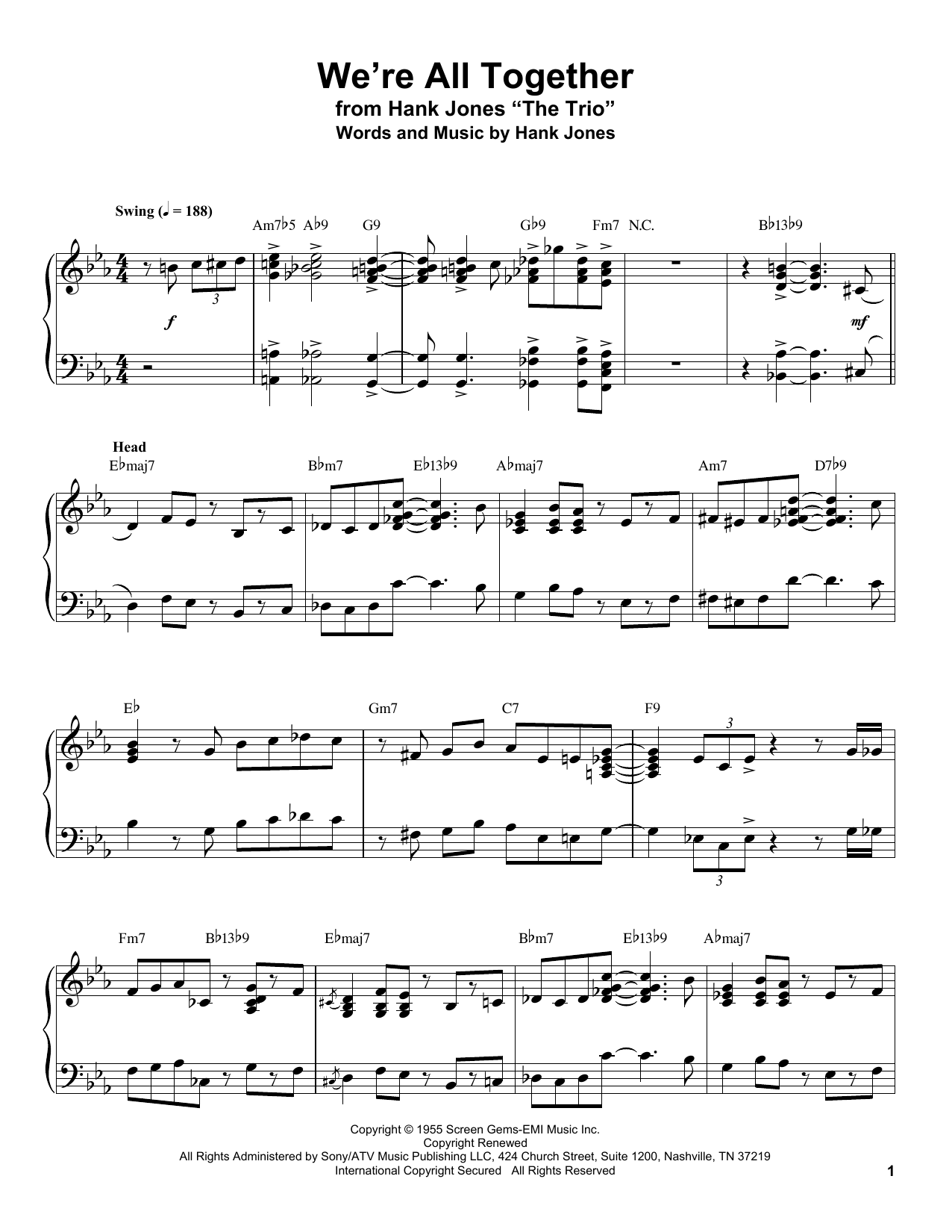 Download Hank Jones We're All Together Sheet Music and learn how to play Piano Transcription PDF digital score in minutes