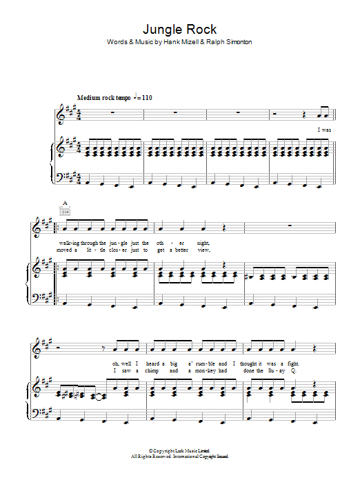 Download Hank Mizell Jungle Rock Sheet Music and learn how to play Piano, Vocal & Guitar (Right-Hand Melody) PDF digital score in minutes