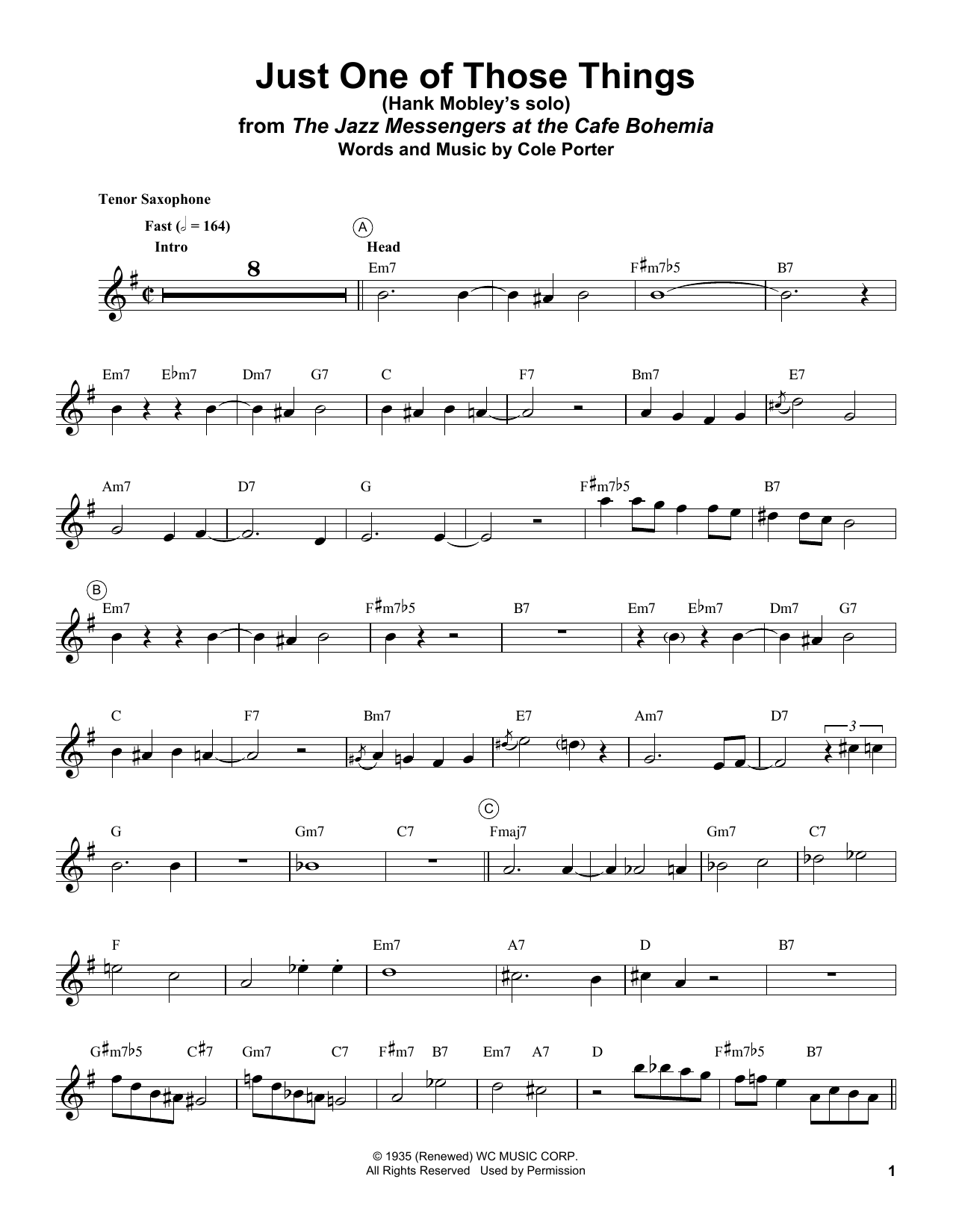 Download Hank Mobley Just One Of Those Things Sheet Music and learn how to play Tenor Sax Transcription PDF digital score in minutes