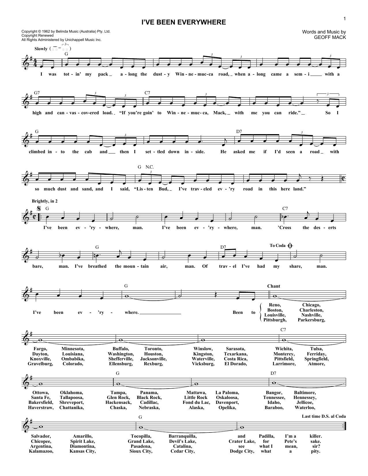 Download Hank Snow I've Been Everywhere Sheet Music and learn how to play Piano, Vocal & Guitar (Right-Hand Melody) PDF digital score in minutes