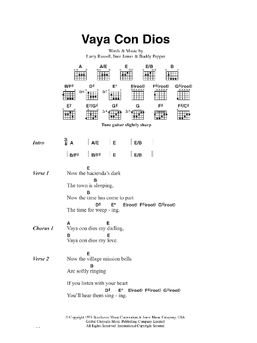 Download Hank Snow Vaya Con Dios Sheet Music and learn how to play Lyrics & Chords PDF digital score in minutes