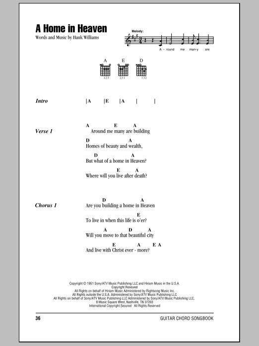 Download Hank Williams A Home In Heaven Sheet Music and learn how to play Piano, Vocal & Guitar Chords (Right-Hand Melody) PDF digital score in minutes