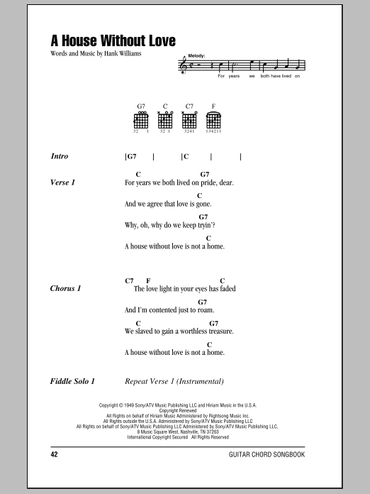 Download Hank Williams A House Without Love Sheet Music and learn how to play Piano, Vocal & Guitar (Right-Hand Melody) PDF digital score in minutes