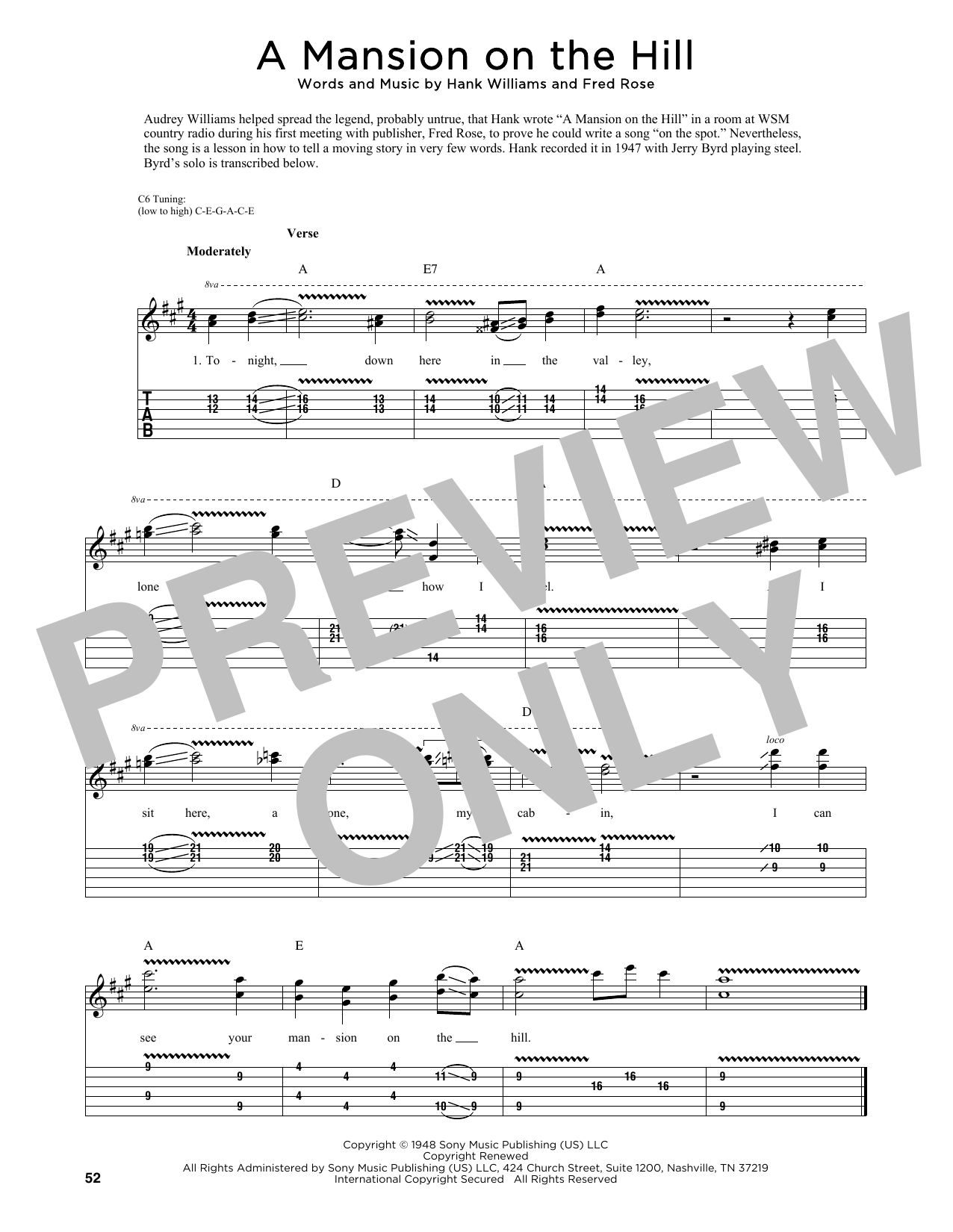 Download Hank Williams A Mansion On The Hill (arr. Fred Sokolow) Sheet Music and learn how to play Guitar Tab PDF digital score in minutes