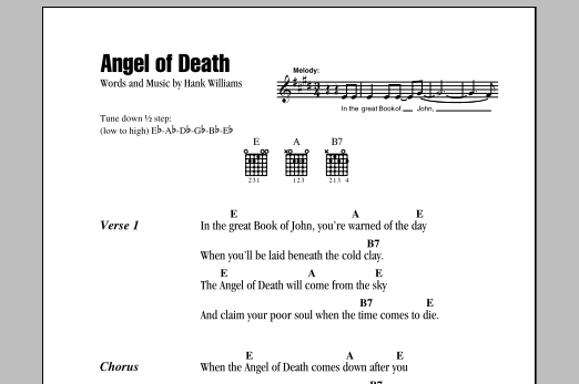 Download Hank Williams Angel Of Death Sheet Music and learn how to play Lyrics & Chords PDF digital score in minutes