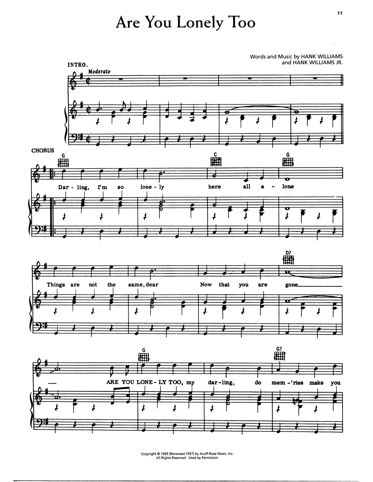 Download Hank Williams Are You Lonely Too Sheet Music and learn how to play Piano, Vocal & Guitar Chords (Right-Hand Melody) PDF digital score in minutes