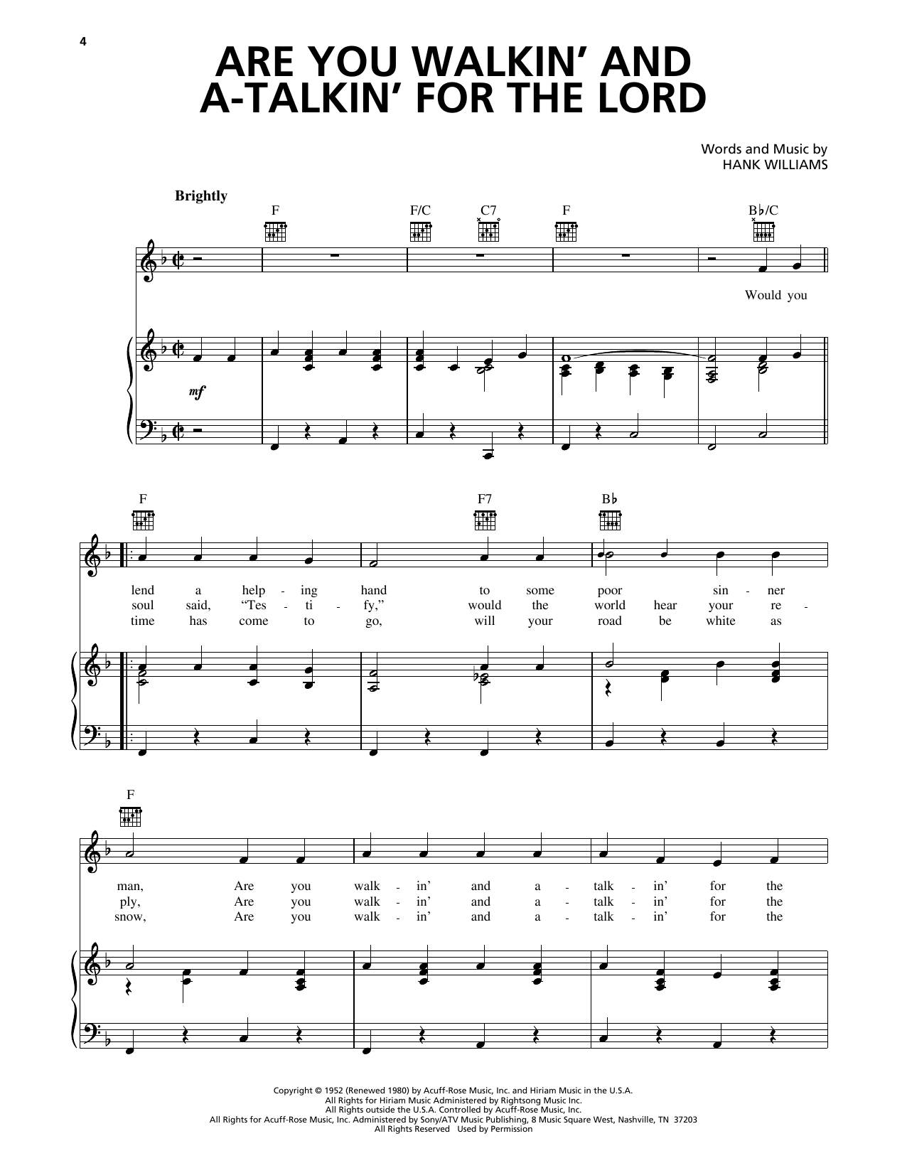 Download Hank Williams Are You Walkin' And A-Talkin' For The Lord Sheet Music and learn how to play Piano, Vocal & Guitar Chords (Right-Hand Melody) PDF digital score in minutes