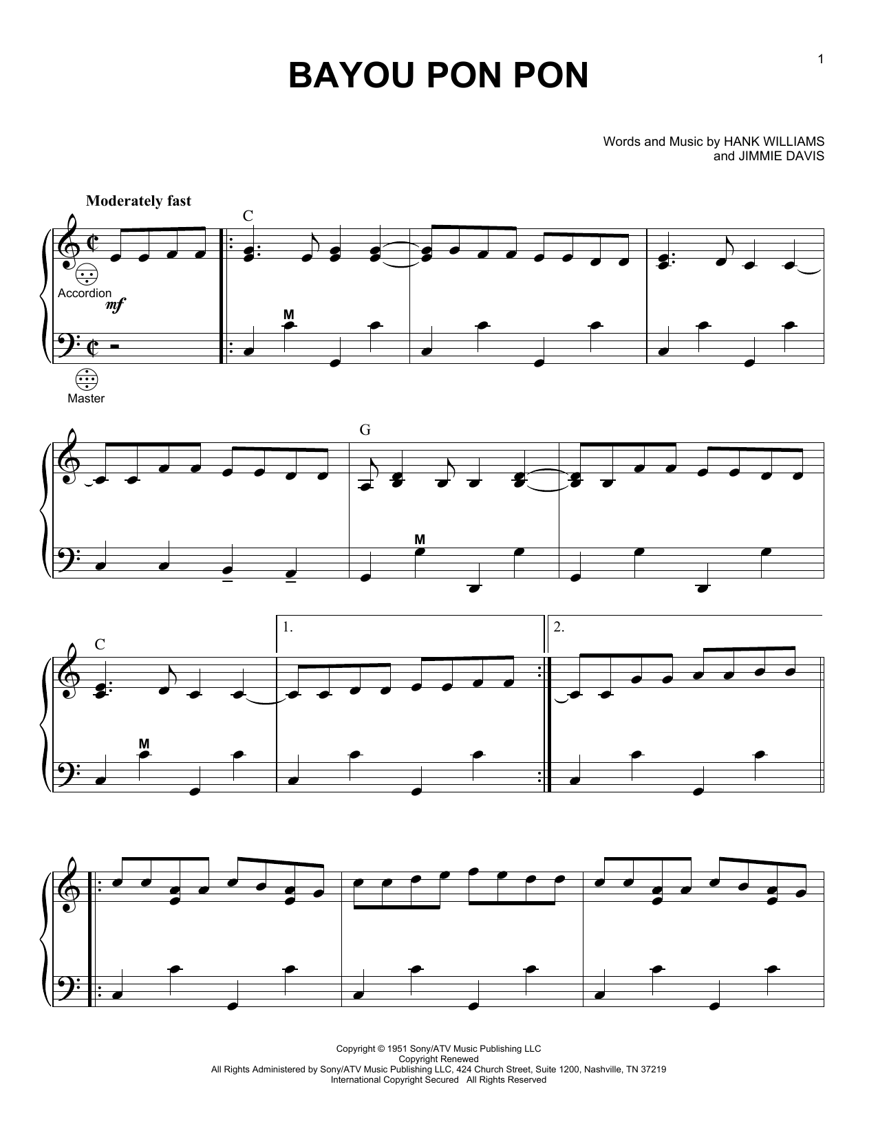 Download Hank Williams Bayou Pon Pon Sheet Music and learn how to play Accordion PDF digital score in minutes