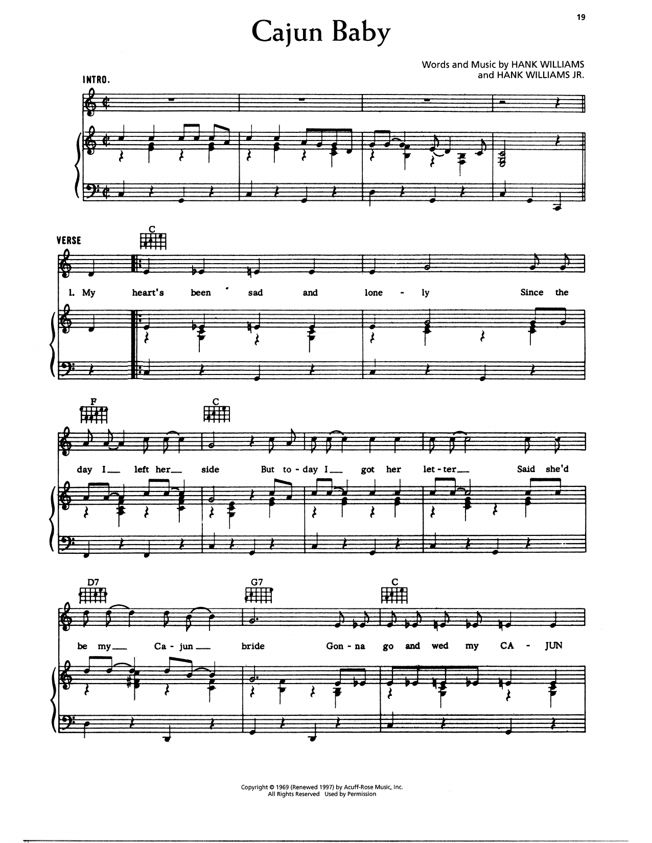 Download Hank Williams Cajun Baby Sheet Music and learn how to play Piano, Vocal & Guitar Chords (Right-Hand Melody) PDF digital score in minutes