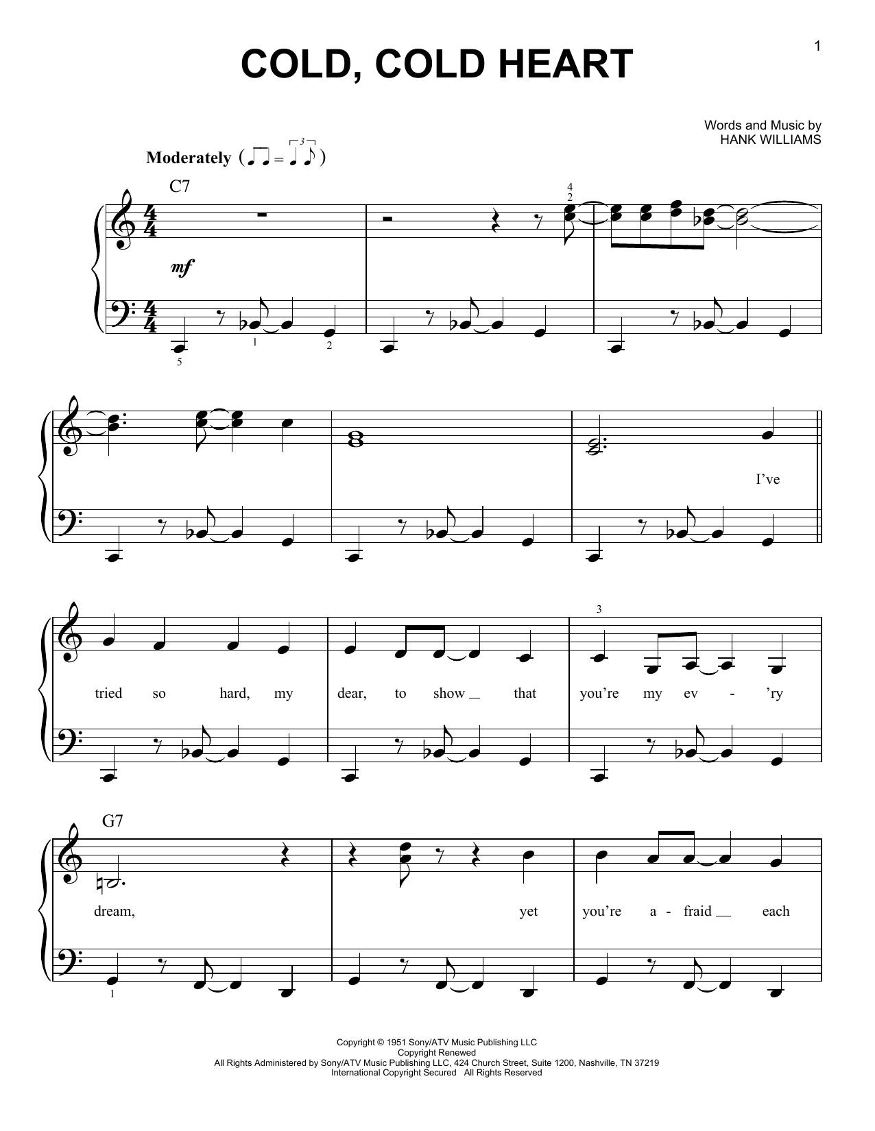 Download Hank Williams Cold, Cold Heart Sheet Music and learn how to play Lyrics & Piano Chords PDF digital score in minutes