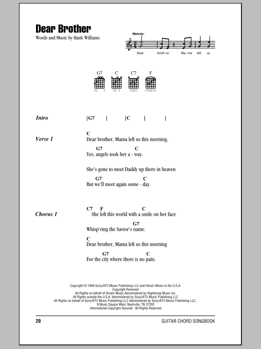 Download Hank Williams Dear Brother Sheet Music and learn how to play Lyrics & Chords PDF digital score in minutes