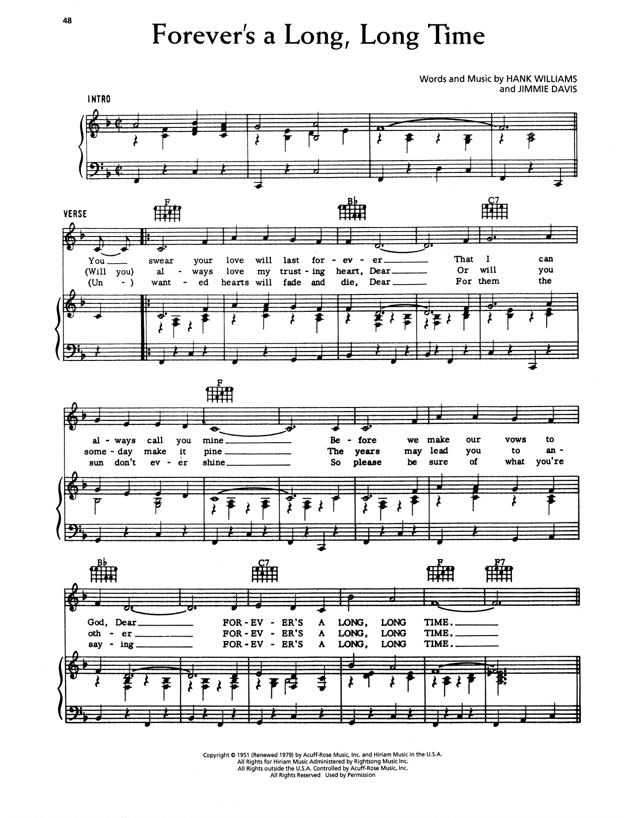 Download Hank Williams Forever's A Long Long Time Sheet Music and learn how to play Piano, Vocal & Guitar Chords (Right-Hand Melody) PDF digital score in minutes
