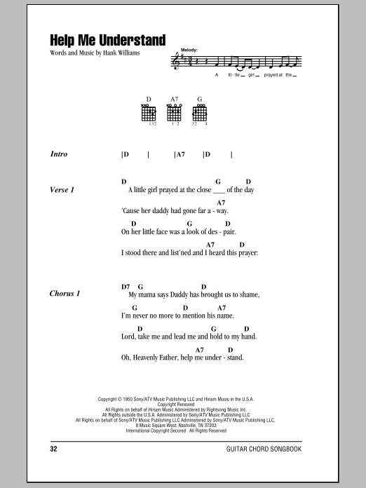 Download Hank Williams Help Me Understand Sheet Music and learn how to play Piano, Vocal & Guitar (Right-Hand Melody) PDF digital score in minutes