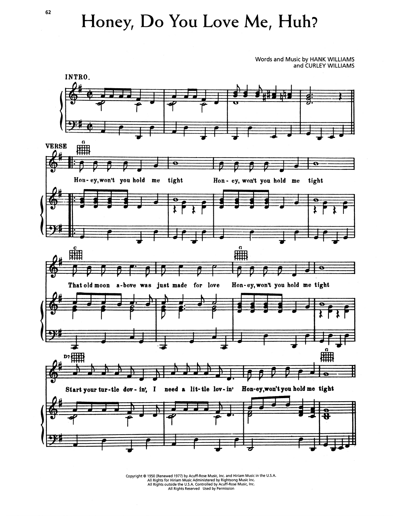 Download Hank Williams Honey, Do You Love Me, Huh Sheet Music and learn how to play Piano, Vocal & Guitar Chords (Right-Hand Melody) PDF digital score in minutes