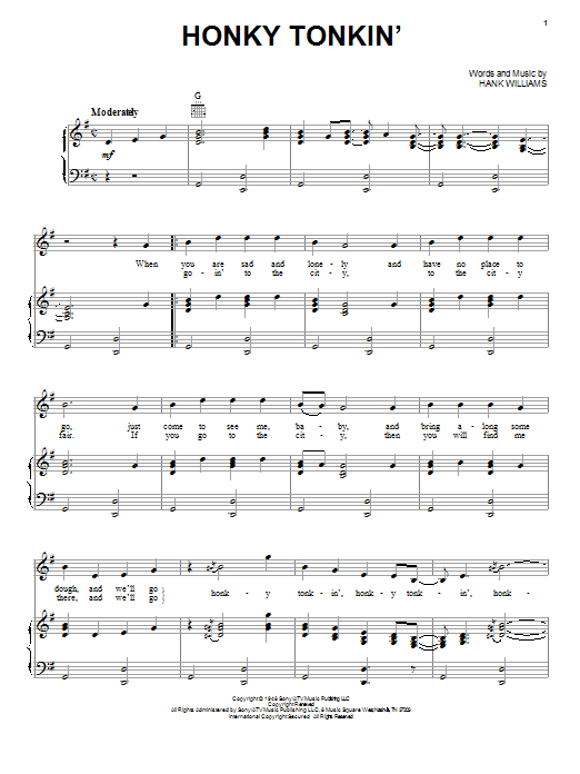 Download Hank Williams Honky Tonkin' Sheet Music and learn how to play Piano, Vocal & Guitar (Right-Hand Melody) PDF digital score in minutes