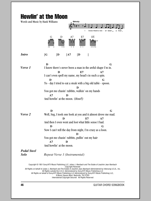 Download Hank Williams Howlin' At The Moon Sheet Music and learn how to play Lyrics & Chords PDF digital score in minutes