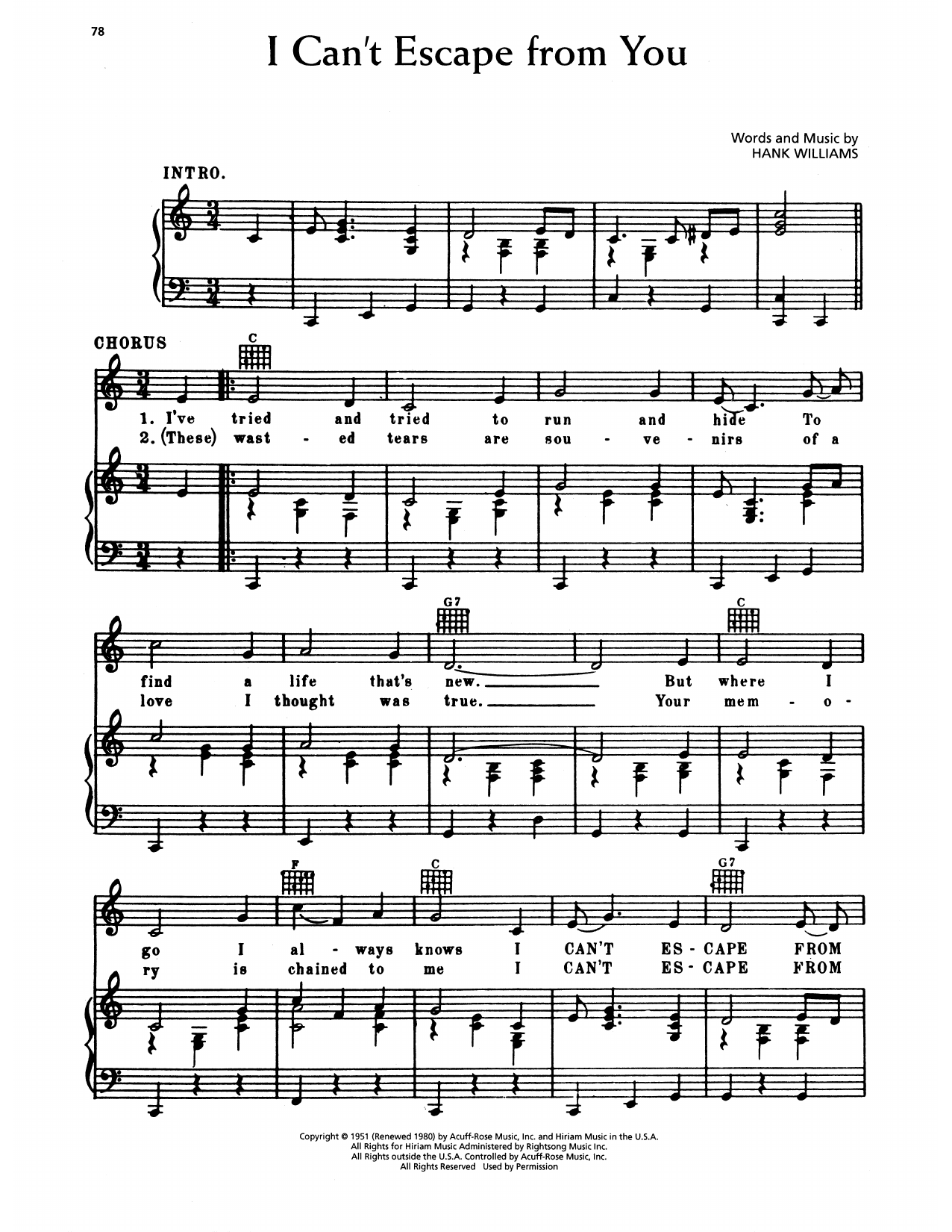 Download Hank Williams I Can't Escape From You Sheet Music and learn how to play Piano, Vocal & Guitar Chords (Right-Hand Melody) PDF digital score in minutes