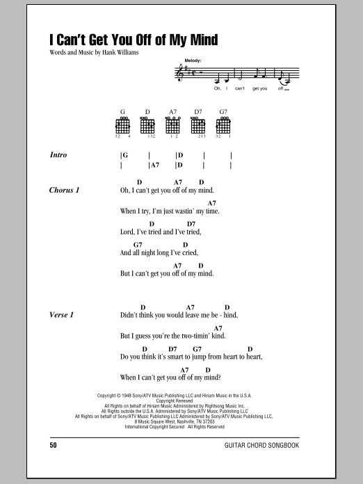 Download Hank Williams I Can't Get You Off Of My Mind Sheet Music and learn how to play Lyrics & Chords PDF digital score in minutes
