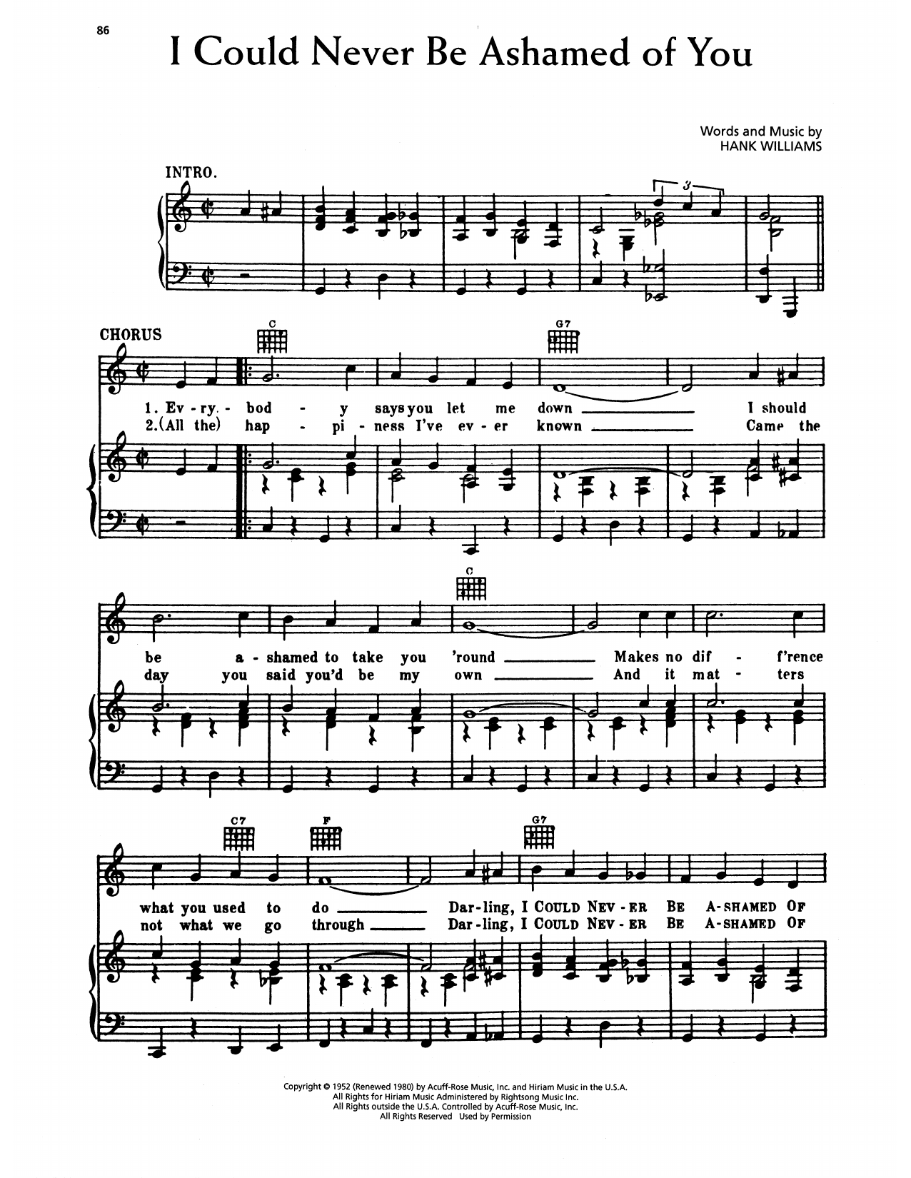 Download Hank Williams I Could Never Be Ashamed Of You Sheet Music and learn how to play Piano, Vocal & Guitar Chords (Right-Hand Melody) PDF digital score in minutes