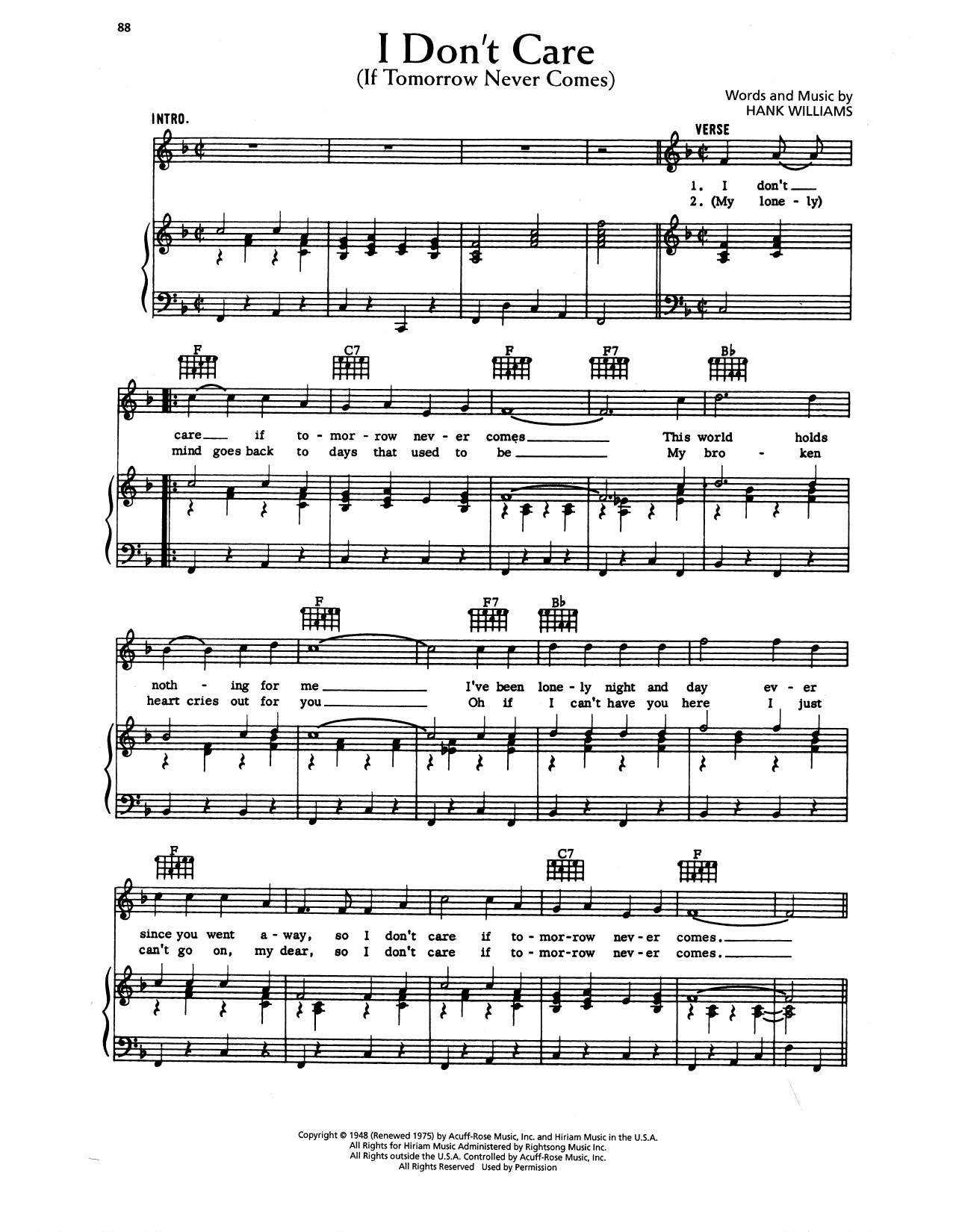 Download Hank Williams I Don't Care (If Tomorrow Never Comes) Sheet Music and learn how to play Piano, Vocal & Guitar Chords (Right-Hand Melody) PDF digital score in minutes