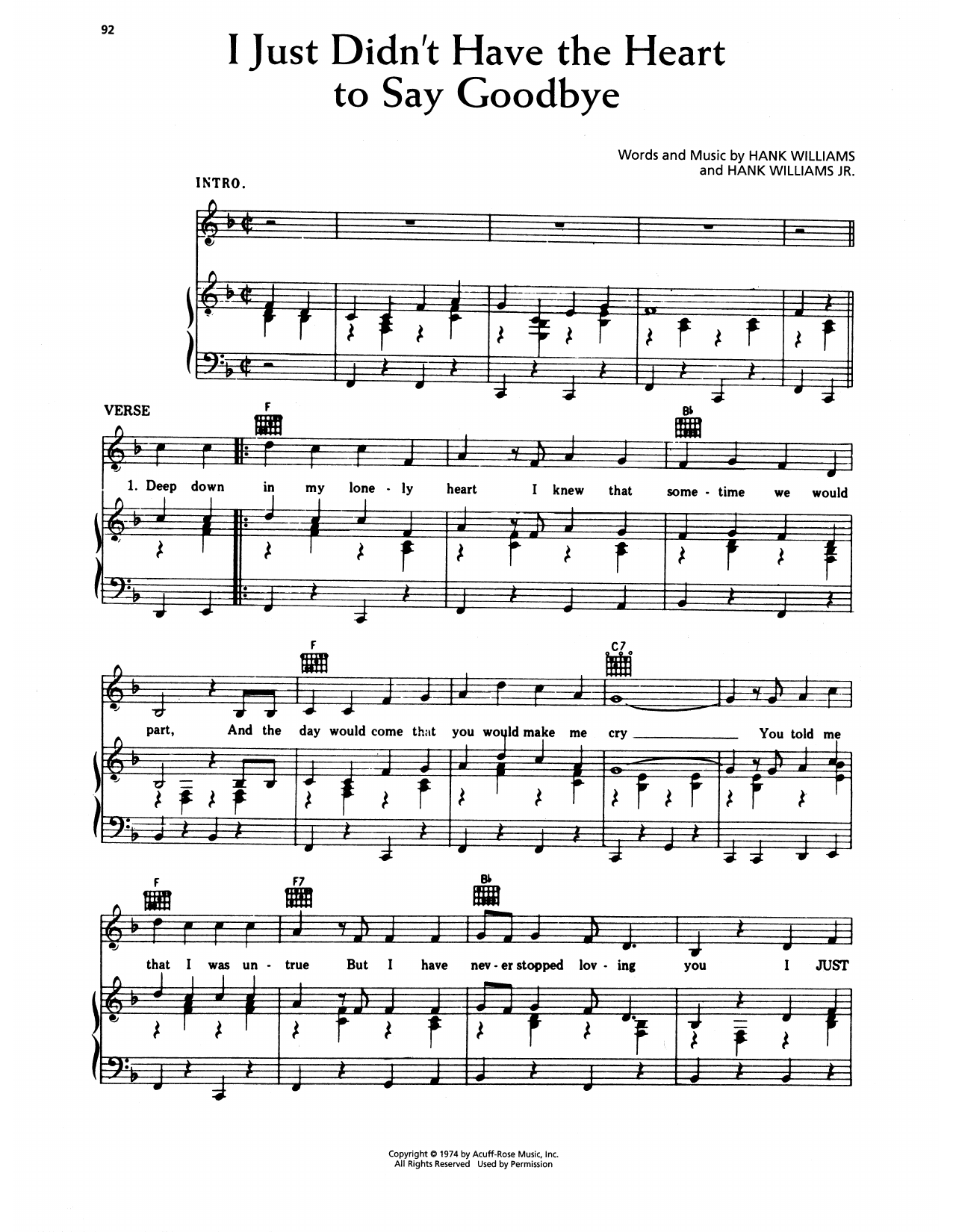 Download Hank Williams I Just Didn't Have The Heart To Say Goodbye Sheet Music and learn how to play Piano, Vocal & Guitar Chords (Right-Hand Melody) PDF digital score in minutes
