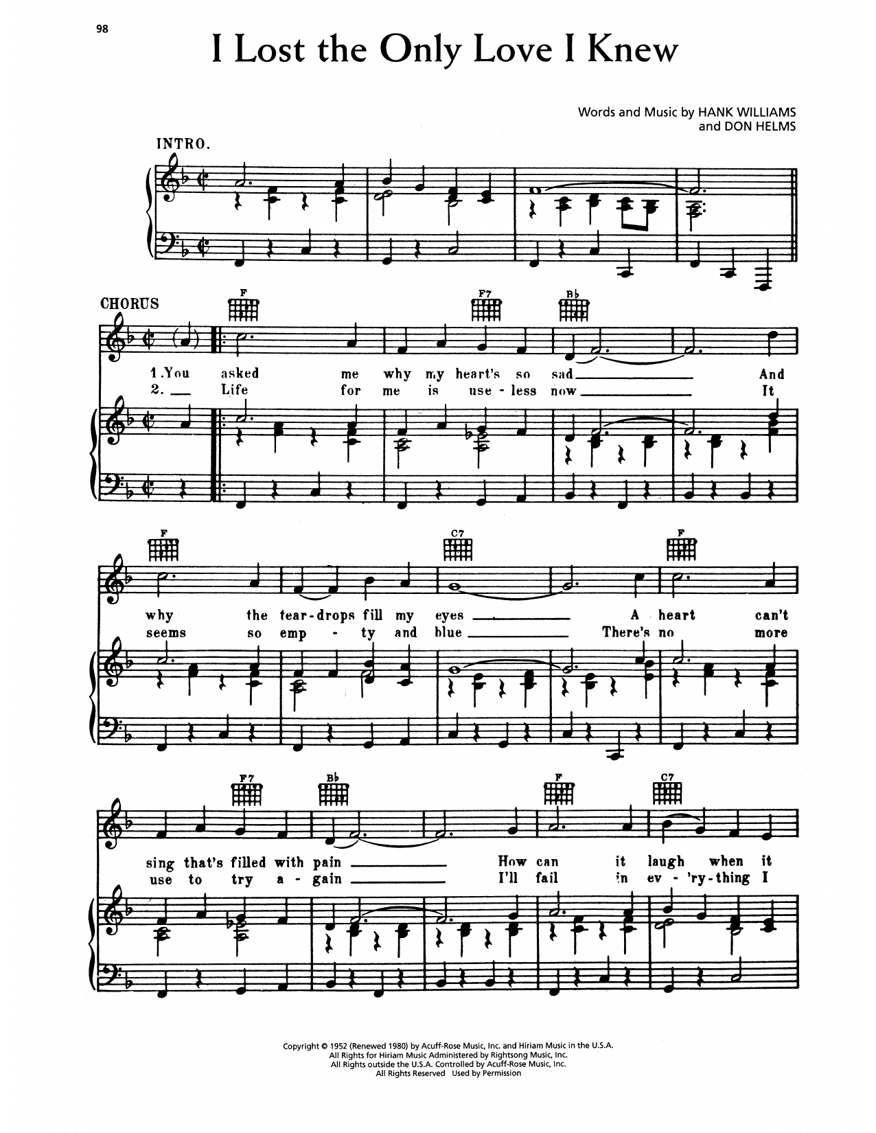 Download Hank Williams I Lost The Only Love I Knew Sheet Music and learn how to play Piano, Vocal & Guitar Chords (Right-Hand Melody) PDF digital score in minutes