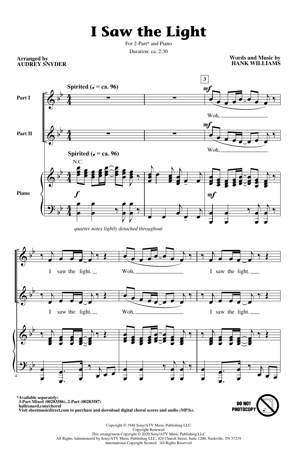 Download Hank Williams I Saw The Light (arr. Audrey Snyder) Sheet Music and learn how to play 3-Part Mixed Choir PDF digital score in minutes