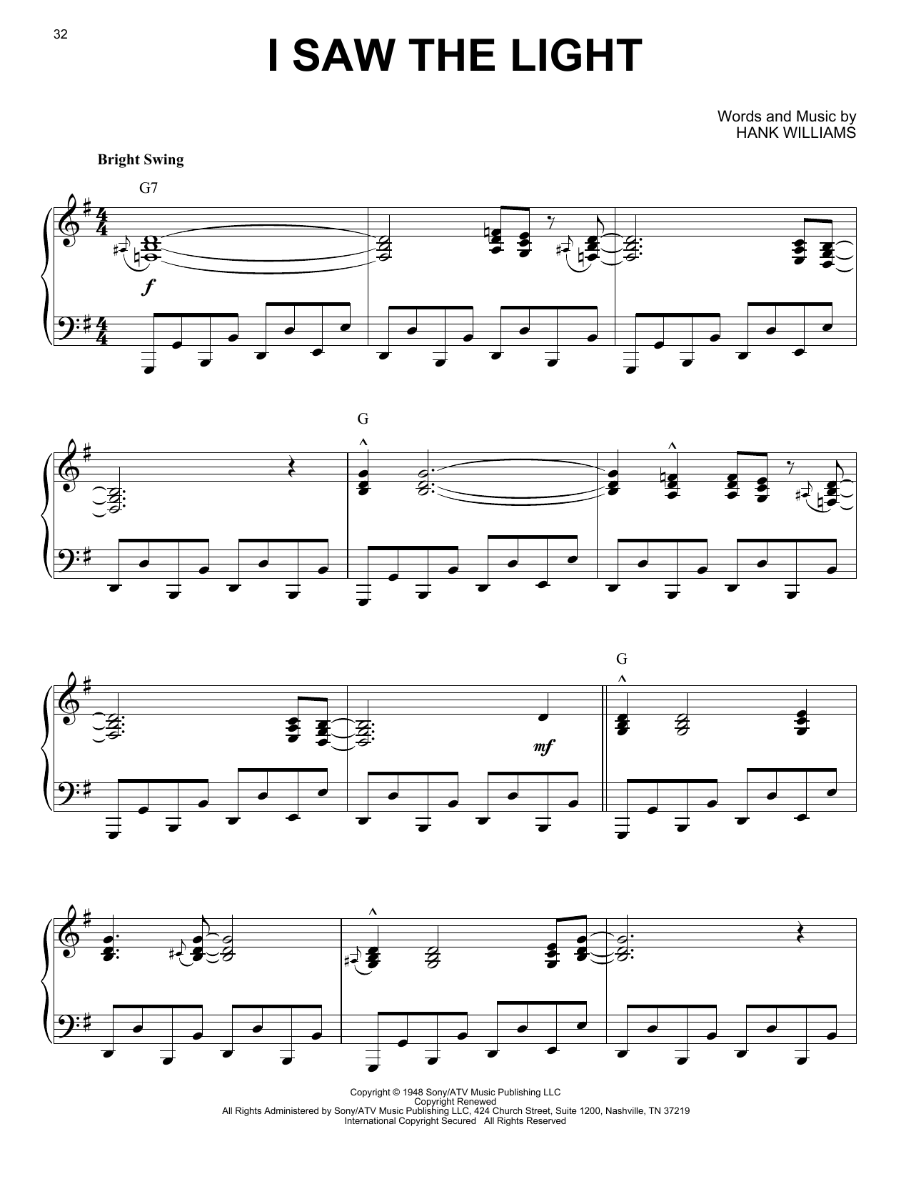 Download Hank Williams I Saw The Light Sheet Music and learn how to play Piano PDF digital score in minutes