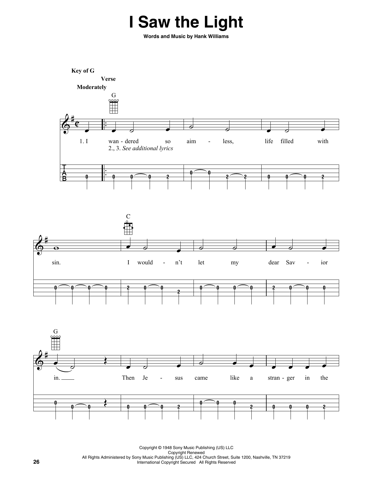 Download Hank Williams I Saw The Light (arr. Fred Sokolow) Sheet Music and learn how to play Banjo Tab PDF digital score in minutes