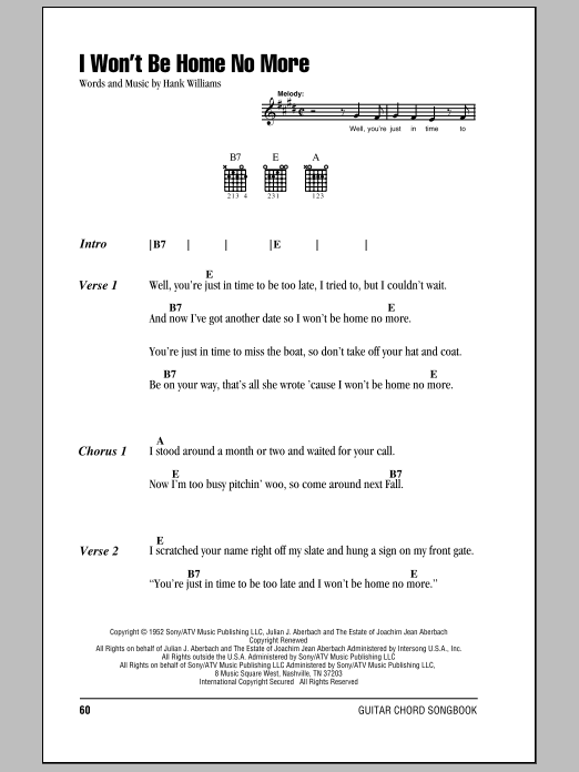 Download Hank Williams I Won't Be Home No More Sheet Music and learn how to play Lyrics & Chords PDF digital score in minutes