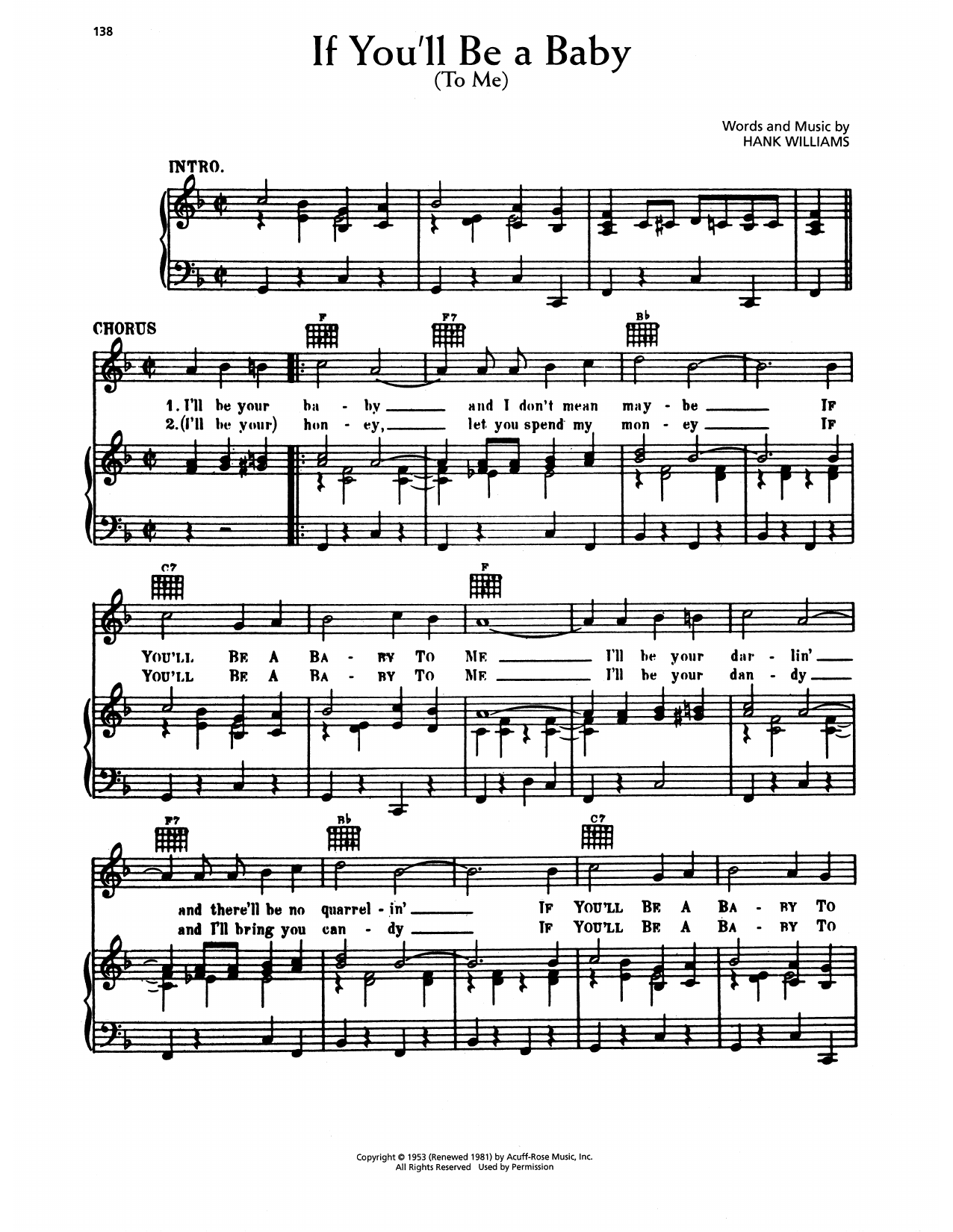 Download Hank Williams If You'll Be A Baby (To Me) Sheet Music and learn how to play Piano, Vocal & Guitar Chords (Right-Hand Melody) PDF digital score in minutes