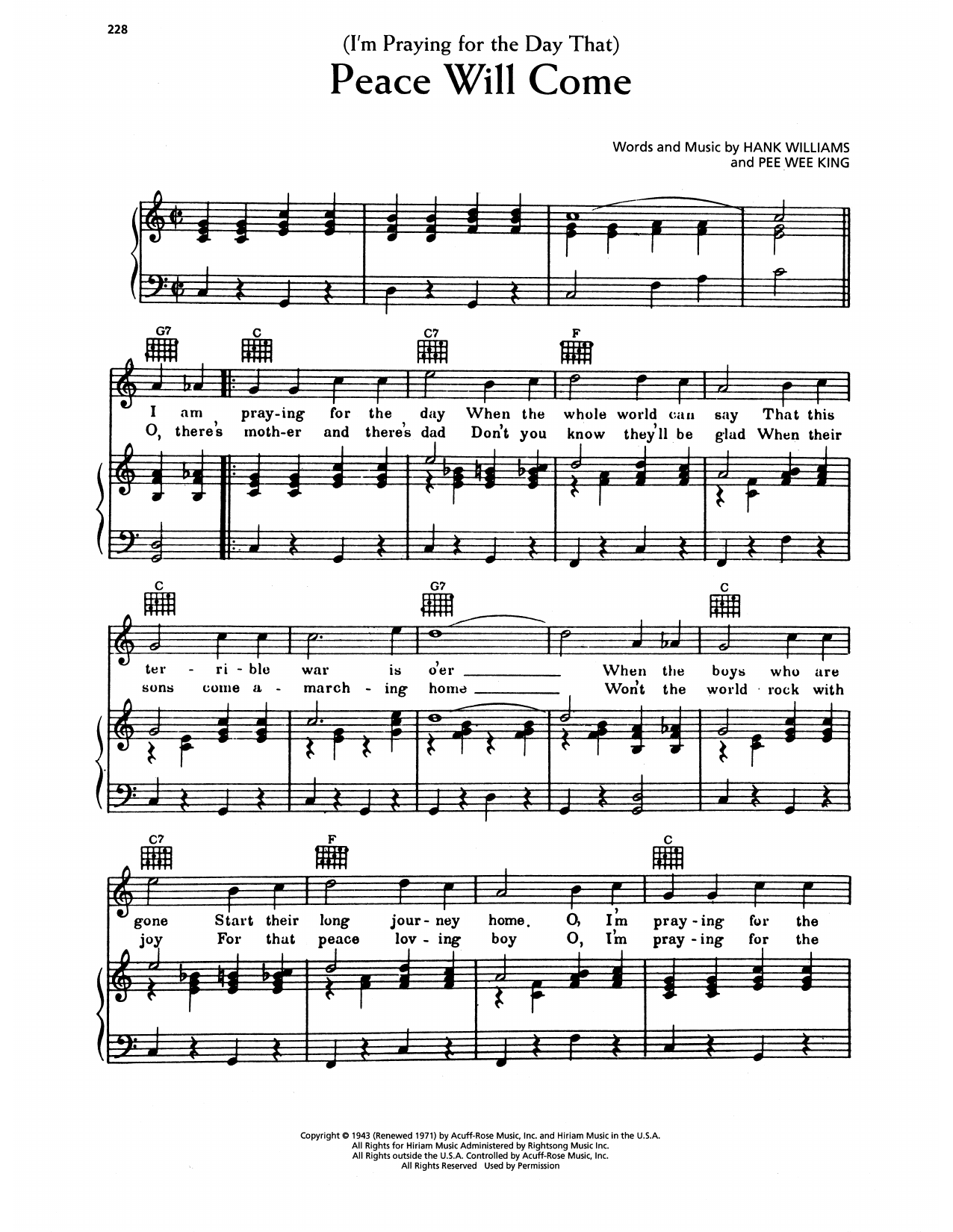 Download Hank Williams (I'm Praying For The Day That) Peace Will Come Sheet Music and learn how to play Piano, Vocal & Guitar Chords (Right-Hand Melody) PDF digital score in minutes