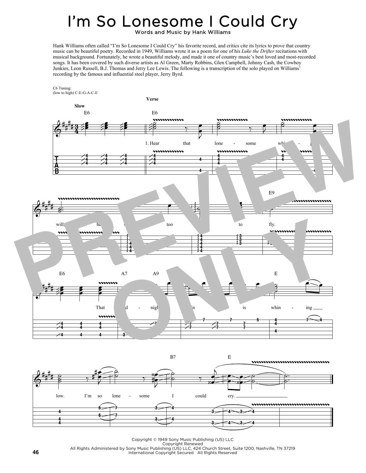 Download Hank Williams I'm So Lonesome I Could Cry (arr. Fred Sokolow) Sheet Music and learn how to play Guitar Tab PDF digital score in minutes