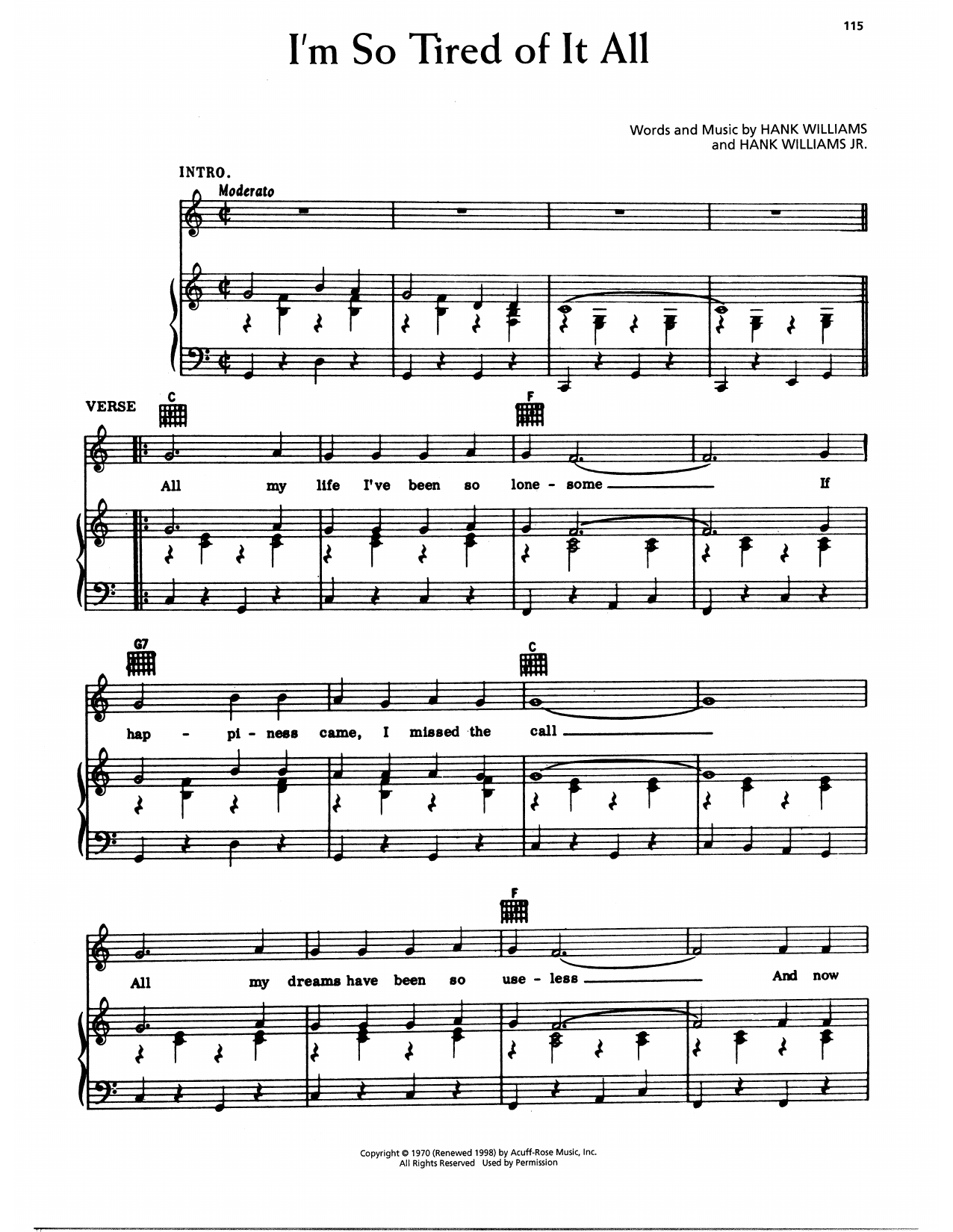 Download Hank Williams I'm So Tired Of It All Sheet Music and learn how to play Piano, Vocal & Guitar Chords (Right-Hand Melody) PDF digital score in minutes