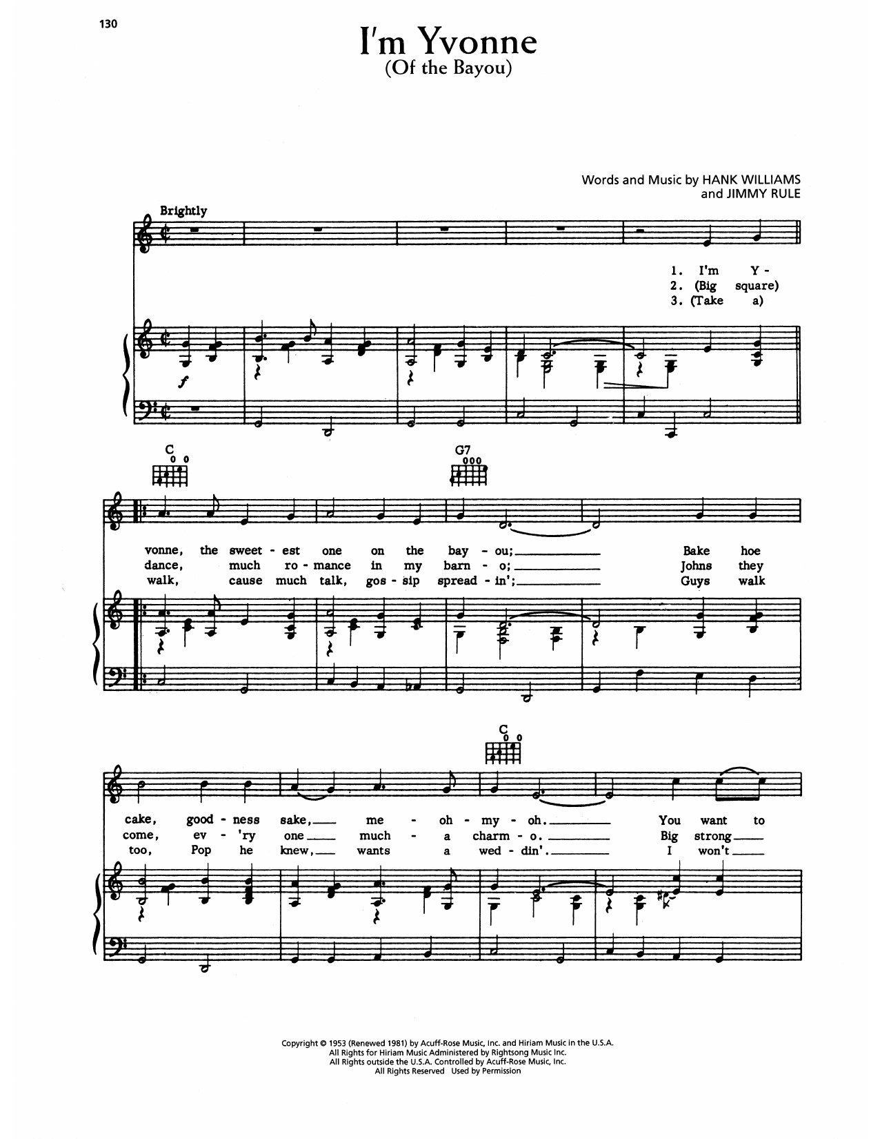 Download Hank Williams I'm Yvonne (Of The Bayou) Sheet Music and learn how to play Piano, Vocal & Guitar Chords (Right-Hand Melody) PDF digital score in minutes