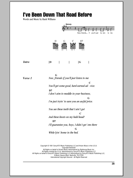 Download Hank Williams I've Been Down That Road Before Sheet Music and learn how to play Lyrics & Chords PDF digital score in minutes