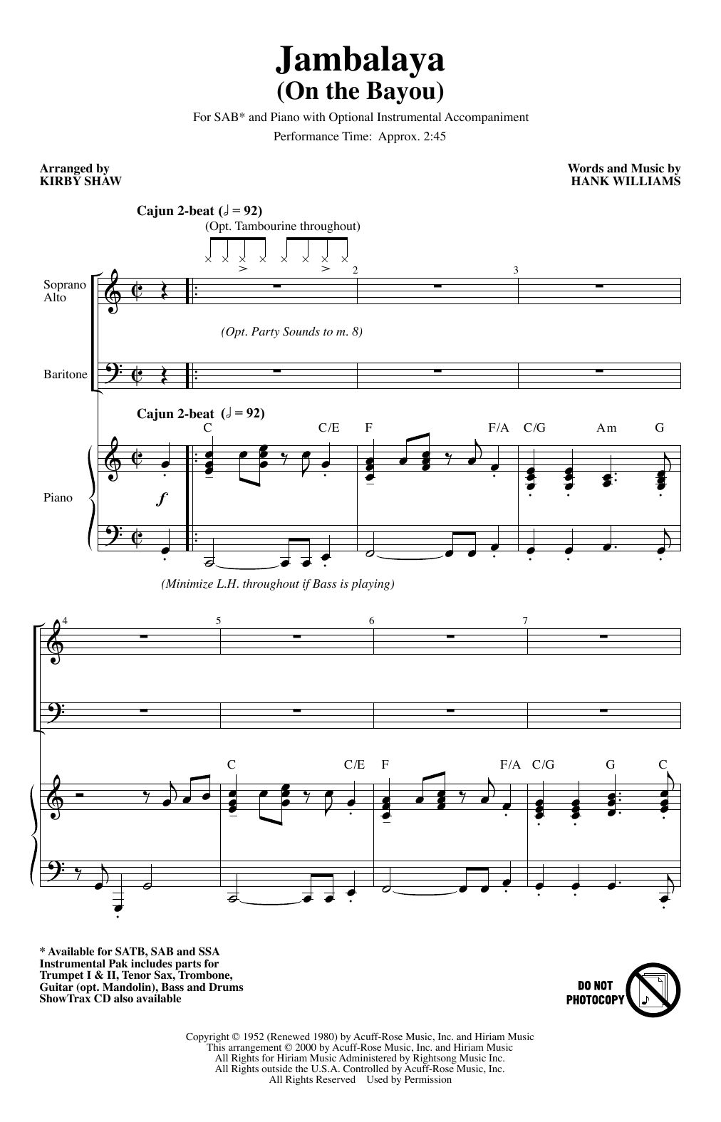 Download Hank Williams Jambalaya (On The Bayou) (arr. Kirby Shaw) Sheet Music and learn how to play SAB Choir PDF digital score in minutes