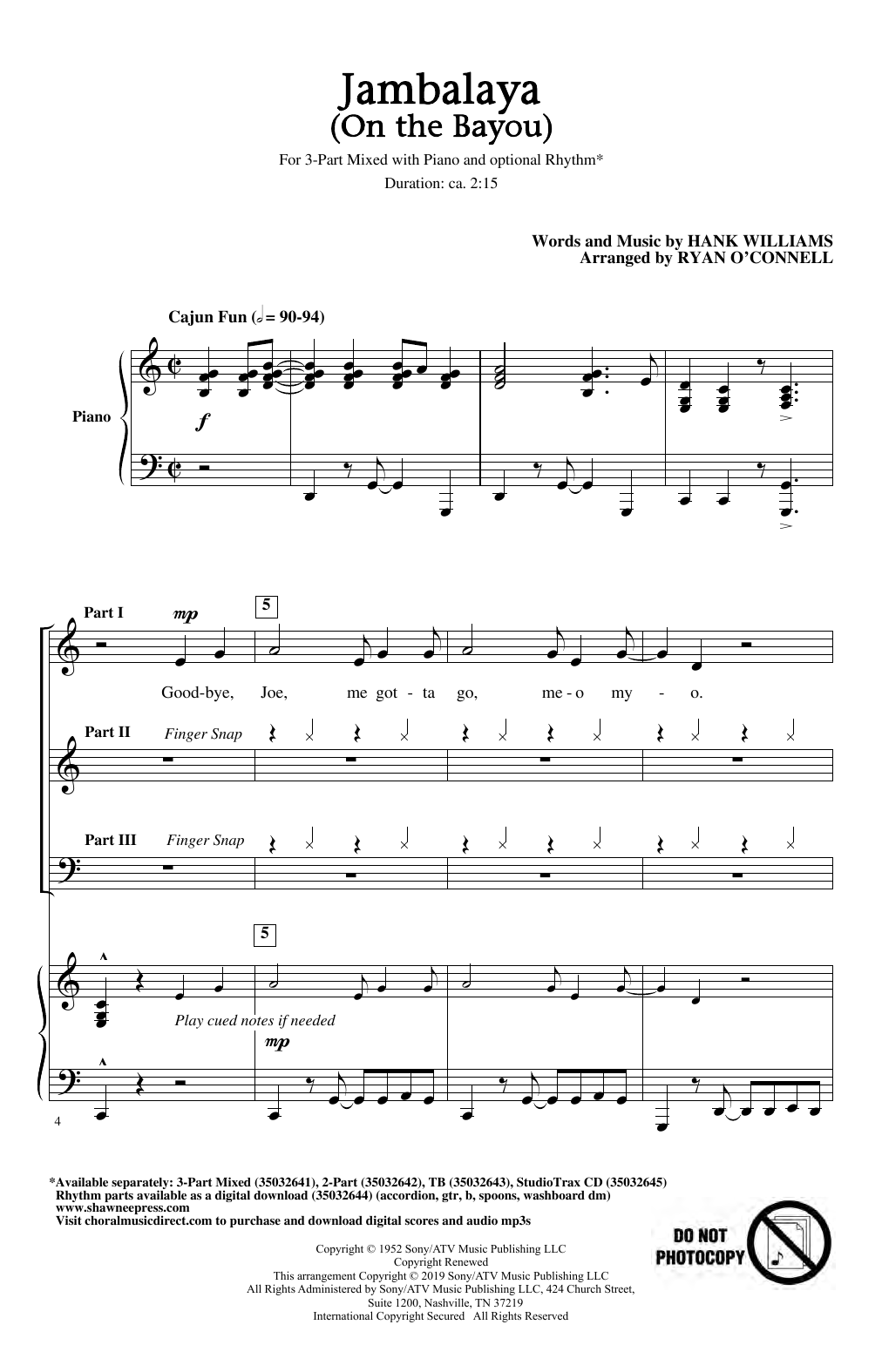 Download Hank Williams Jambalaya (On The Bayou) (arr. Ryan O'Connell) Sheet Music and learn how to play TB Choir PDF digital score in minutes