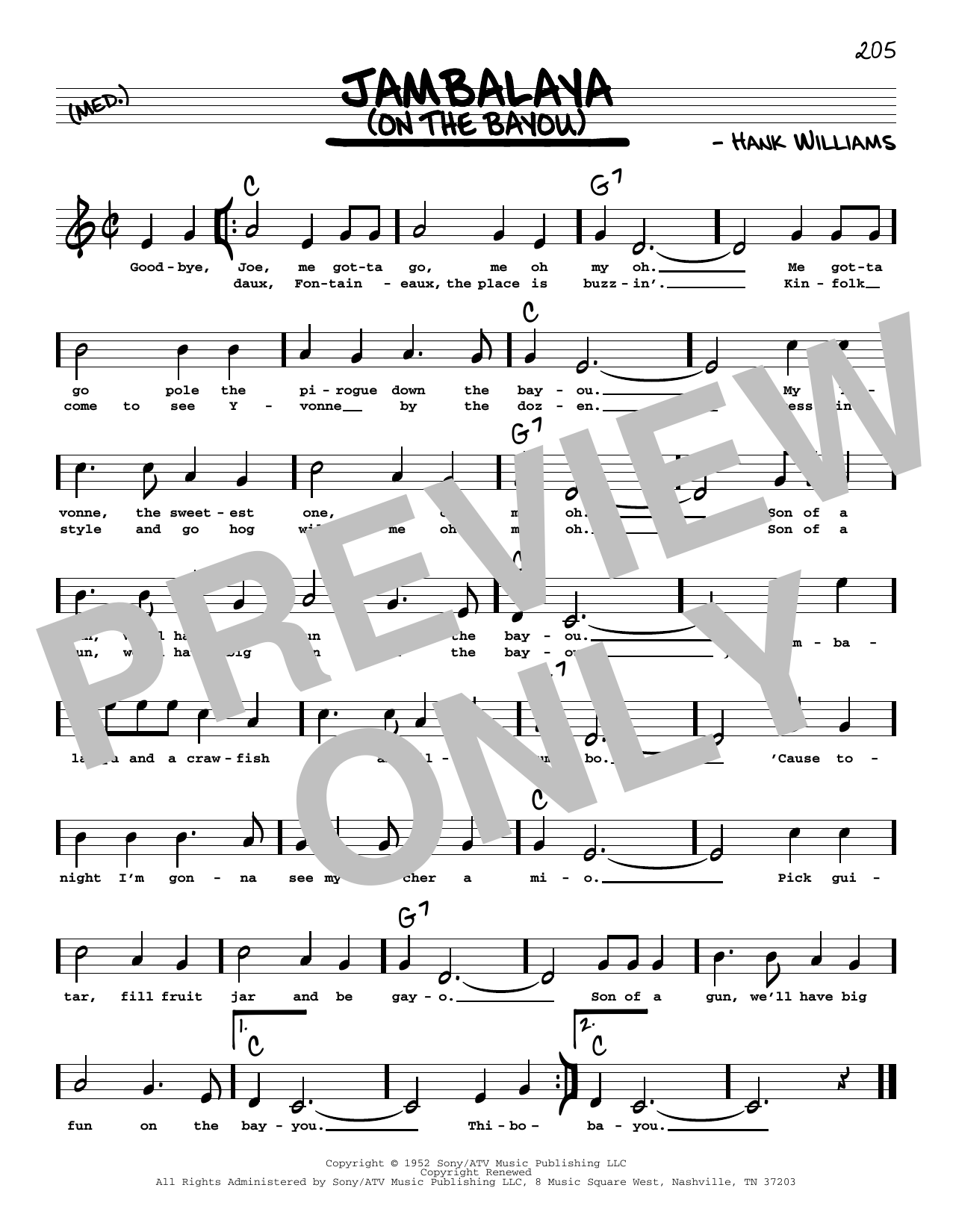 Download Hank Williams Jambalaya (On The Bayou) (High Voice) Sheet Music and learn how to play Real Book – Melody, Lyrics & Chords PDF digital score in minutes
