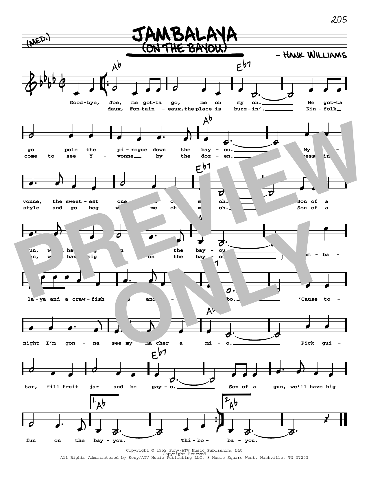 Download Hank Williams Jambalaya (On The Bayou) (Low Voice) Sheet Music and learn how to play Real Book – Melody, Lyrics & Chords PDF digital score in minutes