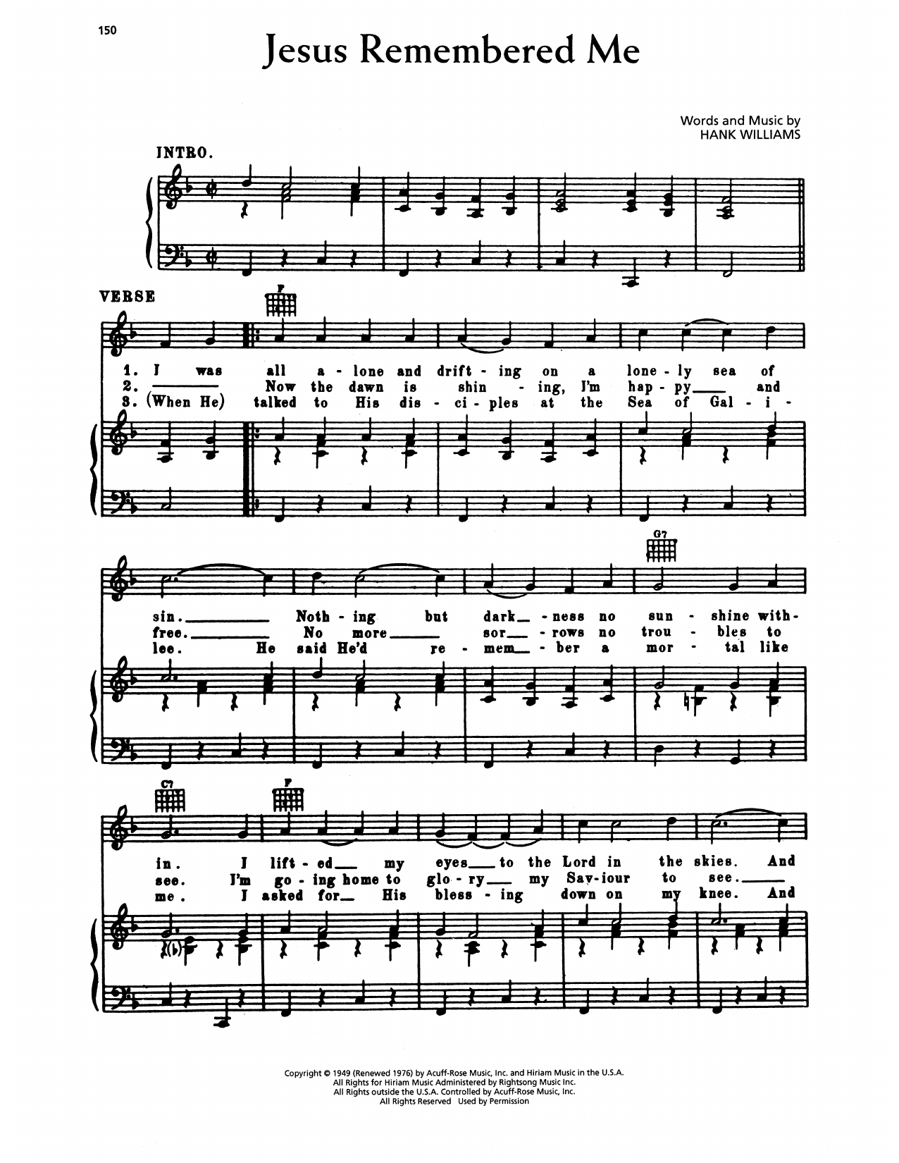 Download Hank Williams Jesus Remembered Me Sheet Music and learn how to play Piano, Vocal & Guitar Chords (Right-Hand Melody) PDF digital score in minutes