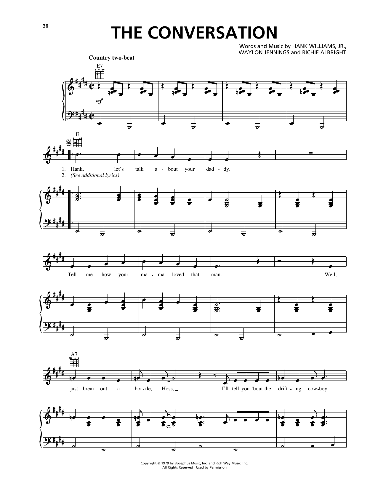 Download Hank Williams, Jr. & Waylon Jennings The Conversation Sheet Music and learn how to play Piano, Vocal & Guitar Chords (Right-Hand Melody) PDF digital score in minutes