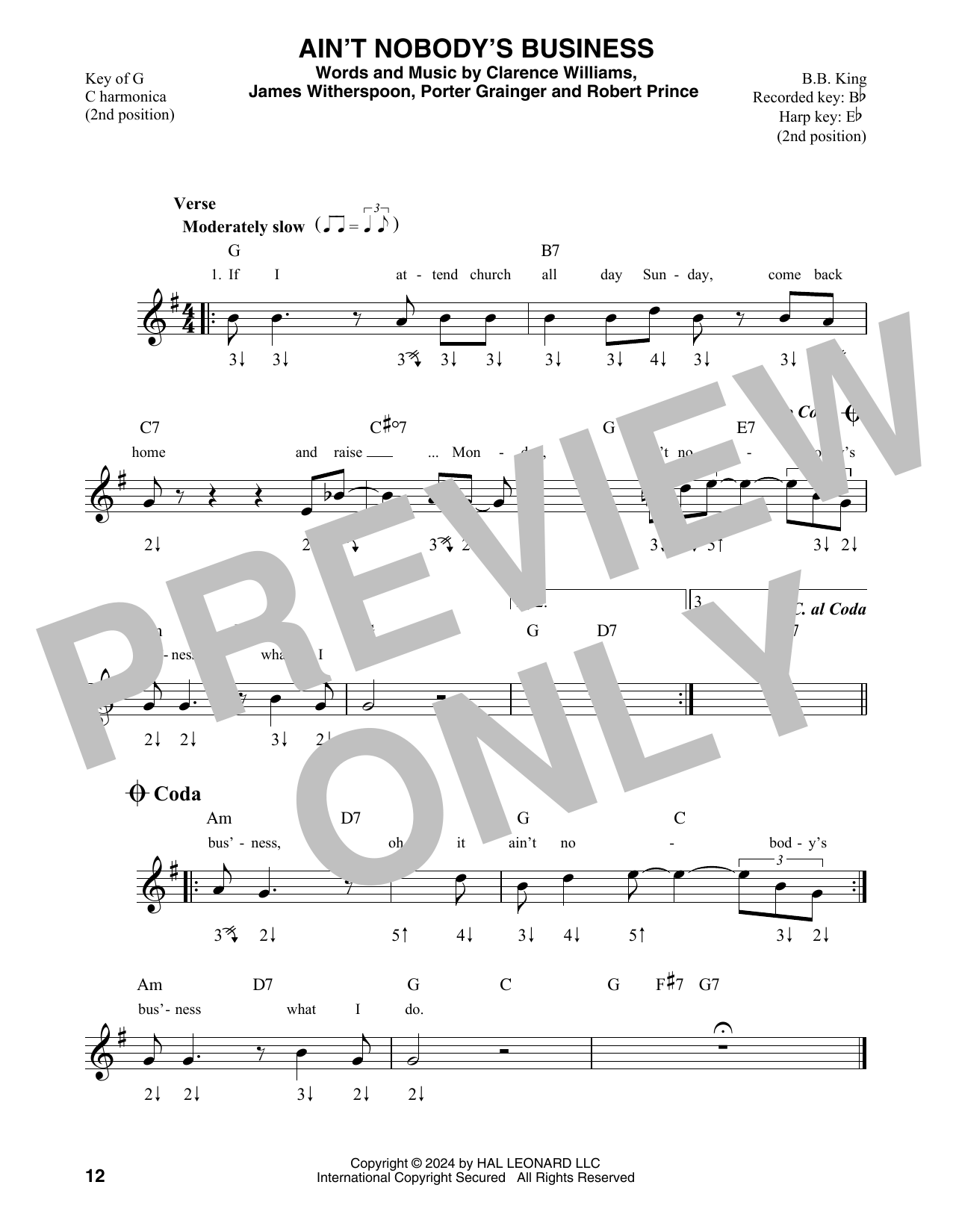Download Hank Williams Jr. Ain't Nobody's Business Sheet Music and learn how to play Harmonica PDF digital score in minutes